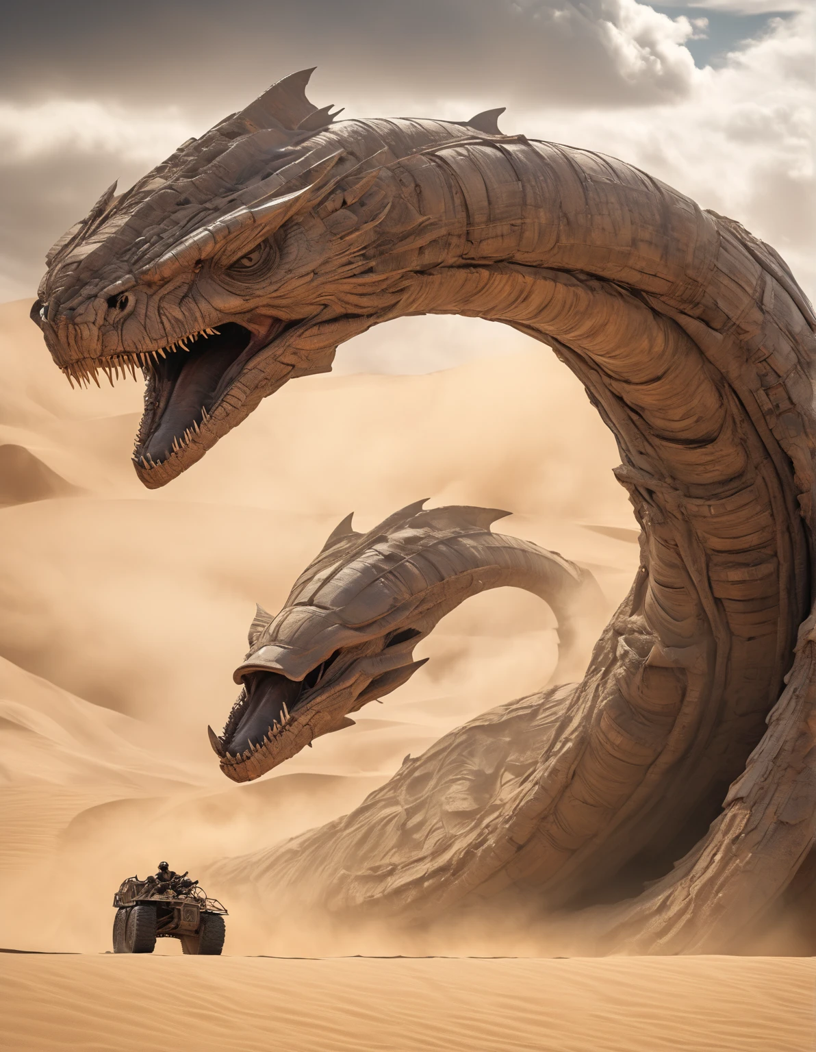 Future warrior riding a giant sandworm through a violent sandstorm. Dune movie aesthetics, Dune movie style. Apocalyptic wasteland scenery with a highly detailed and realistic CG rendering. Ultra-detailed depiction of the warrior, with emphasis on their armor, weapons, and facial expression. The sandstorm should be depicted with an extreme level of detail, capturing the chaotic movement of sand particles and the intense winds. The color palette should be dark and desaturated, with occasional pops of vibrant colors to create a striking contrast. The lighting should be dramatic, casting long shadows and emphasizing the harshness of the environment. The overall image quality should be top-notch, with a resolution of 4k or higher. The scene should evoke a sense of awe and grandeur, immersing the viewer in a post-apocalyptic world.