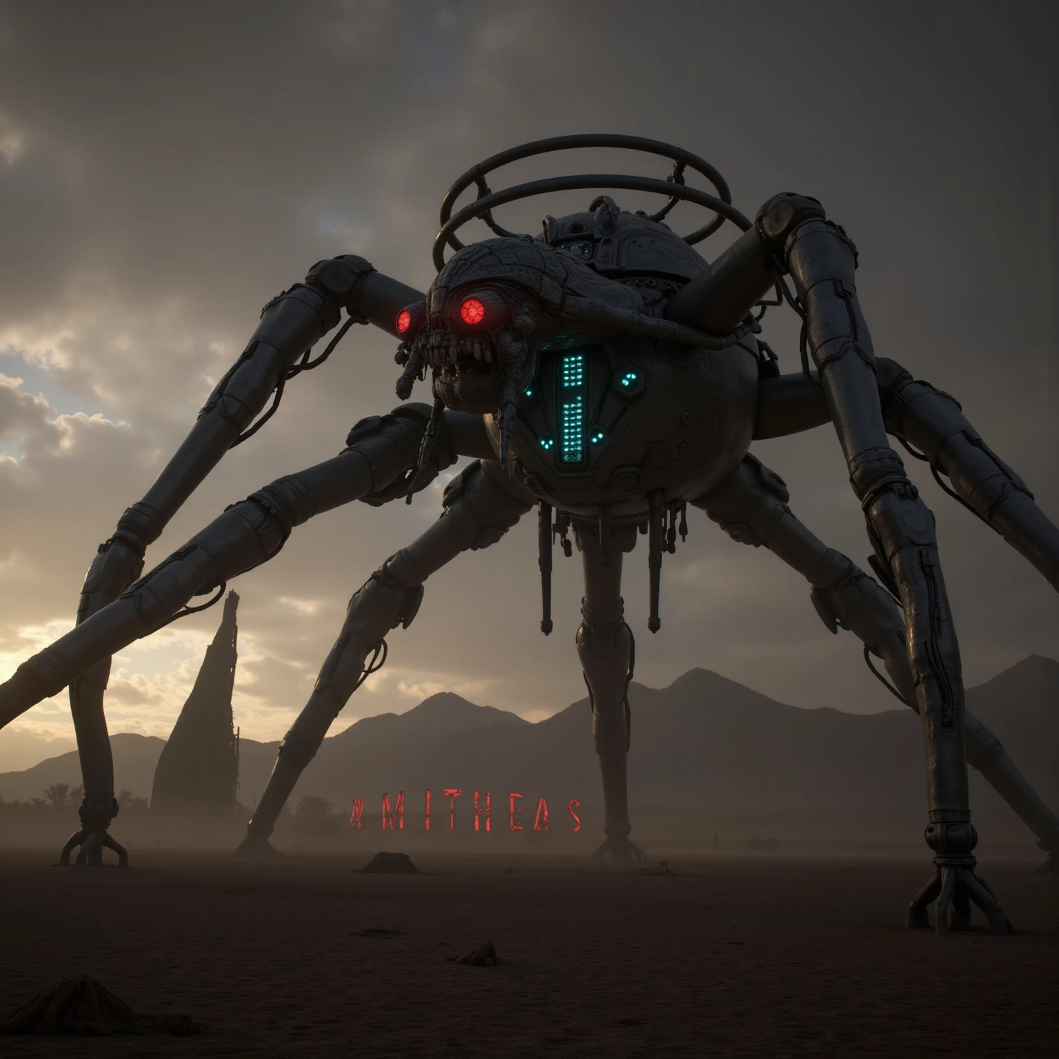 In this stunning, low-angle shot, a beastly drone dominates the frame with its menacing gaze. The creature's metallic body glistens in the fading light, as red and blue headlights on its teeth seem to pulse with an otherworldly energy. Long, curved arms and legs encircle its head, while glowing red eyes pierce through the dusty desert-tinged atmosphere. A mountain range looms in the background, set against a dark gray sky with a setting sun, casting a warm glow that contrasts vividly with the scene's monochromatic tones. It has "Singularity" written in glowing red and blue lettering. panorama, ray tracing, UHD, 16K, DSLR, masterpiece, award-winning, photorealistic