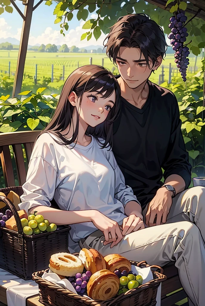 "Two women are sitting closely together in a vineyard filled with lush green grapevines and hanging bunches of grapes. The scene is warm and romantic, with soft afternoon sunlight filtering through the grape leaves, creating a shimmering glow. One woman is wearing a light blue shirt, and the other is dressed in a simple white shirt. They exchange smiles and display affection through their intimate body language. In front of them is a picnic blanket with a basket filled with grapes and pastries. The image captures the deep connection and warmth between them, set against the beautiful natural surroundings."

