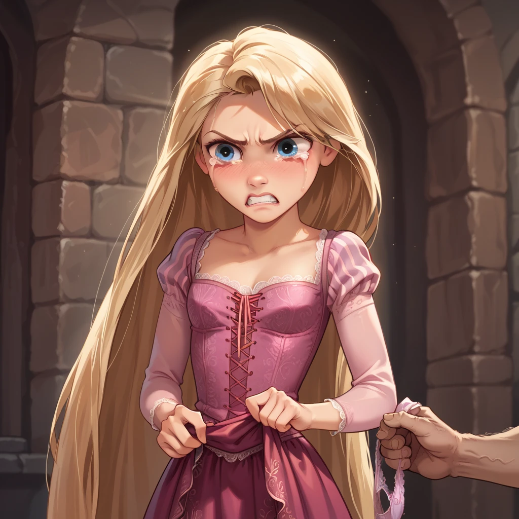 1 girl ,rapunzel, skinny,  beautiful, Blue eyes, (( red dress)), angry, crying, The old man grabs her butt under her skirt, Grabbing the panties of the girl  ,