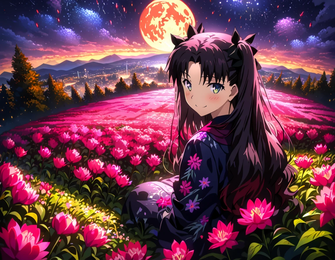 masterpiece,best quality, High score, absurdres, highly detailed, impressionism, Tohsaka Rin\(Fate stay night\)Yukata,smiling,looking back at the viewer ,,highly detailed face, highly detailed eyes, blushing,full body, dramatic lighting,warm lighting, sitting,hair ornaments,inside of a flower field,pink azalea flowers, detailed landscape,night time,from behind,starry night sky,full moon, fire works,