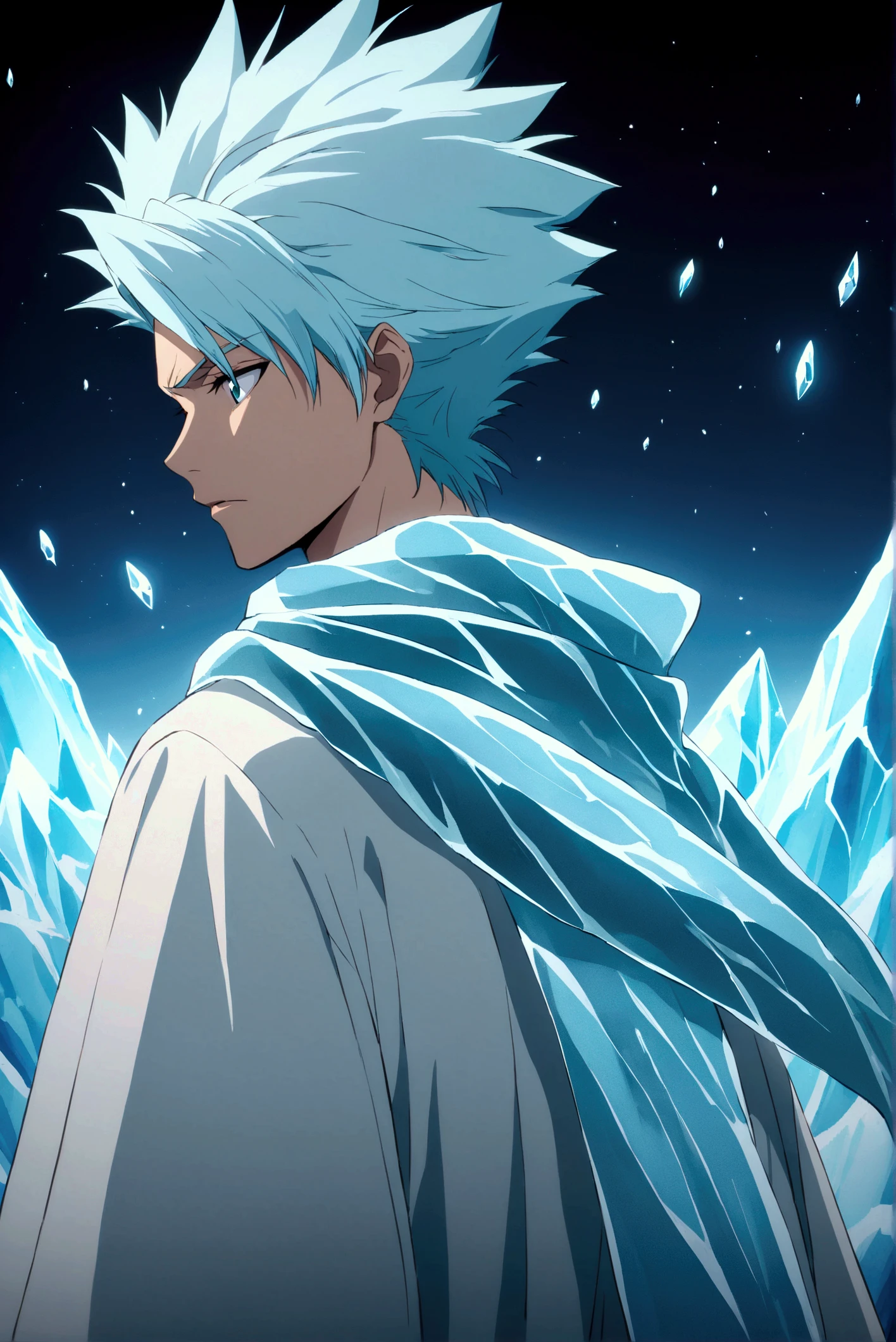  kind of behind,  background, Toshiro _ Hitsugaya  ( anime character from the anime Bleach),  handsome man , elegance, Confident,  dramatic composition ,  ashy short hair ,  Calm facial expression,  flowing scarf ,  black and white outfit , night sky, frostная атмосфера, fragments_Ice ( around character ), много Ice, cold, frost,  cinematic perspective,  anime style