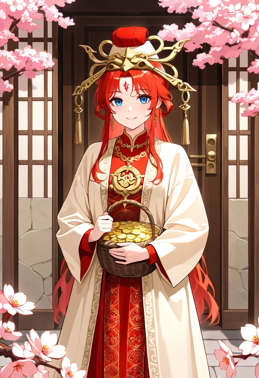 God of Wealth， God of Wealth， A happy Asian dressed in a traditional red-gold costume and matching hat. She stood in the doorway，  clutching a wicker basket with shiny gold coins .  The background is a cherry blossom tree with bright red flowers ， Also, the door is wide open ，  leading to a peaceful outdoor scene .  in an extremely detailed style ， Bold colors，Complex pattern.,