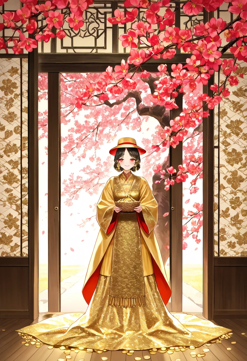 A happy asian woman in traditional red and gold clothing and hat, holding a wicker basket full of shiny gold coins, standing in a doorway with a blooming cherry blossom tree in the background, leading to a serene outdoor scene, highly detailed, bold colors, intricate patterns