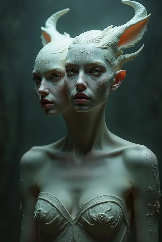 There are two alien people(soft human features) with horns and body paint, alien man with alien woman, zbrush contest winner, jessica rossier e brian froud, alien hybrids, female humanoid creature, saurians, Sylvain Sarrailh e Igor Morski, hyperdetailed fantasy character, concept creature character art, zbrush central contest winner, ancient humanoid beings, full body on show, strong and anatomically perfect bodies, white  hair