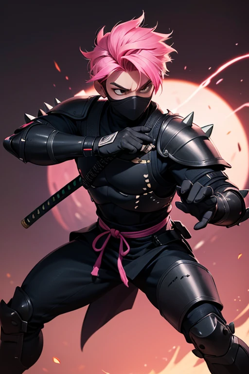 a young muscular **** male ninja wearing a tight black body suit with light armour coloured with pink trim, he has short spiked pink hair with his lower face covered by a mask, standing ready in attack stance, his katana held in his right hand and he is ready to strike