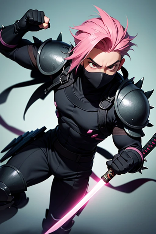 a young muscular  male ninja wearing a tight black body suit with light armour coloured with pink trim, he has short spiked pink hair with his lower face covered by a mask, standing ready in attack stance, his katana held in his right hand and he is ready to strike