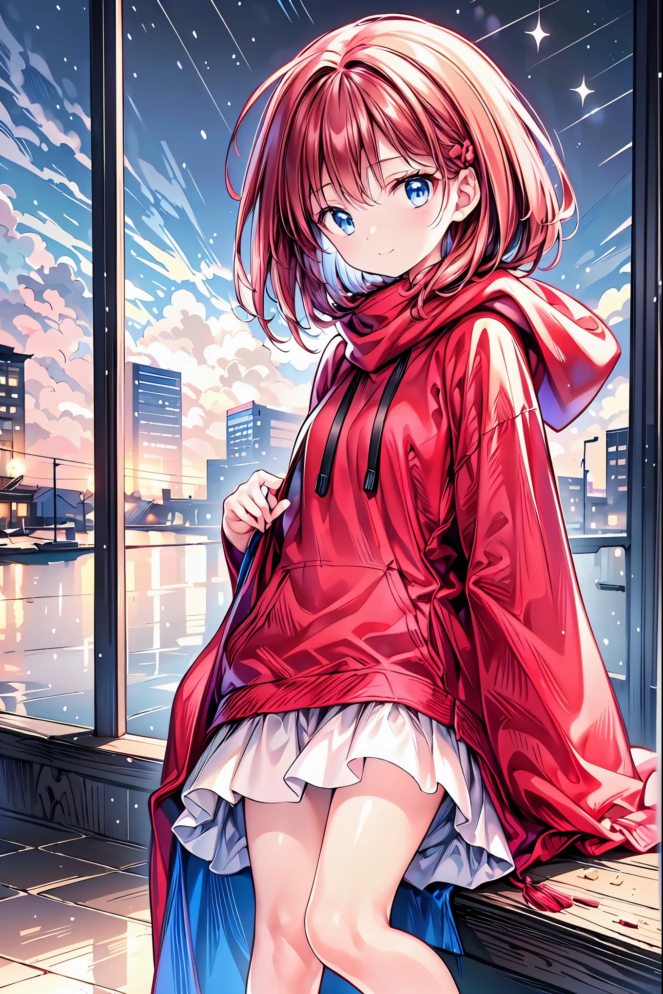 Winter clothes、Red coat、Bare legs、( top quality ,masterpiece:1.3, Ultra Fine ),( very detailed, caustics,8k),( realistic :1.4,RAW shooting),18 years old, Japanese , cute, Looking at the camera and smiling ,( Focus on Face :1.2),( face close-up :1.2),(Low position:1.3),( low angle:1.4), brown hair, shortcuts, slender beauty , messy hair,Cityscape, brown hair, shortcuts, tousled hair , short braided hair,Neat, Slender and beautiful woman ,Correct posture, small breasts, Beautiful Legs, Enchanting gray-blue eyes shine like stars,Droopy eyes, bright color , beautiful eyes,A delicate smile, Textured Skin, BEST QUALITY BEST , A humorous parody of a gentle and beautiful woman , anime style、