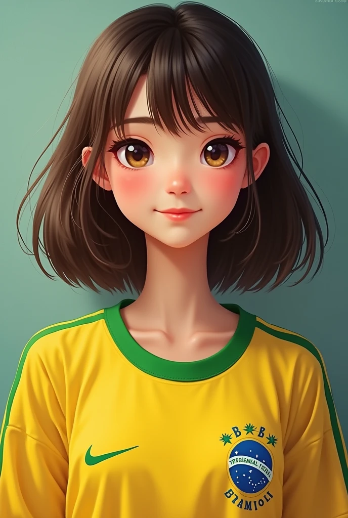 a women, portrait, upper body, pixar style, yellow background, yellow esport jersey, smile