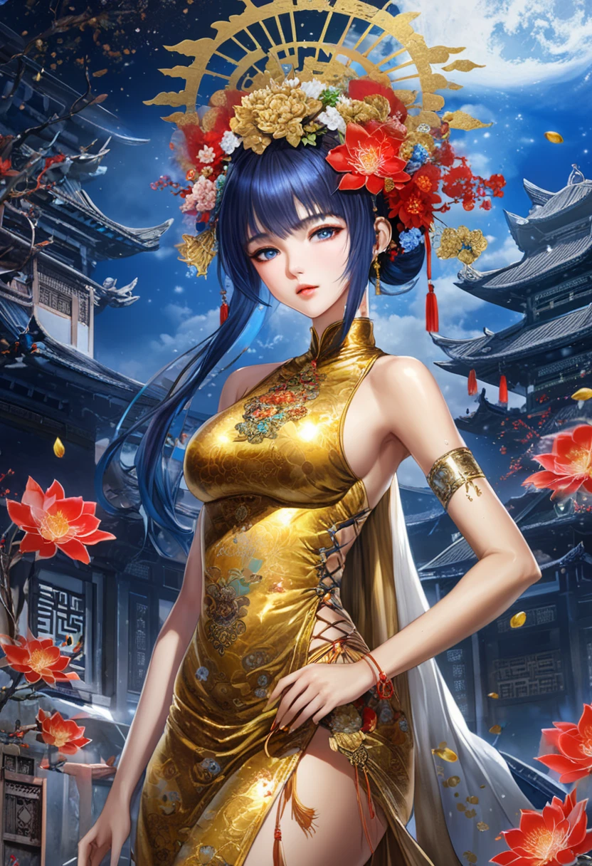 a woman in a gold dress with flowers on her head, renderhub next2020, by Luis Royo, asian old skinny scientist, facebook post, chinese new year in shanghai, ancestors and future, detailed projections, ancient indonesia, by Bikash Bhattacharjee, bright blue future, sao paulo in the year 2 0 7 0, 2019