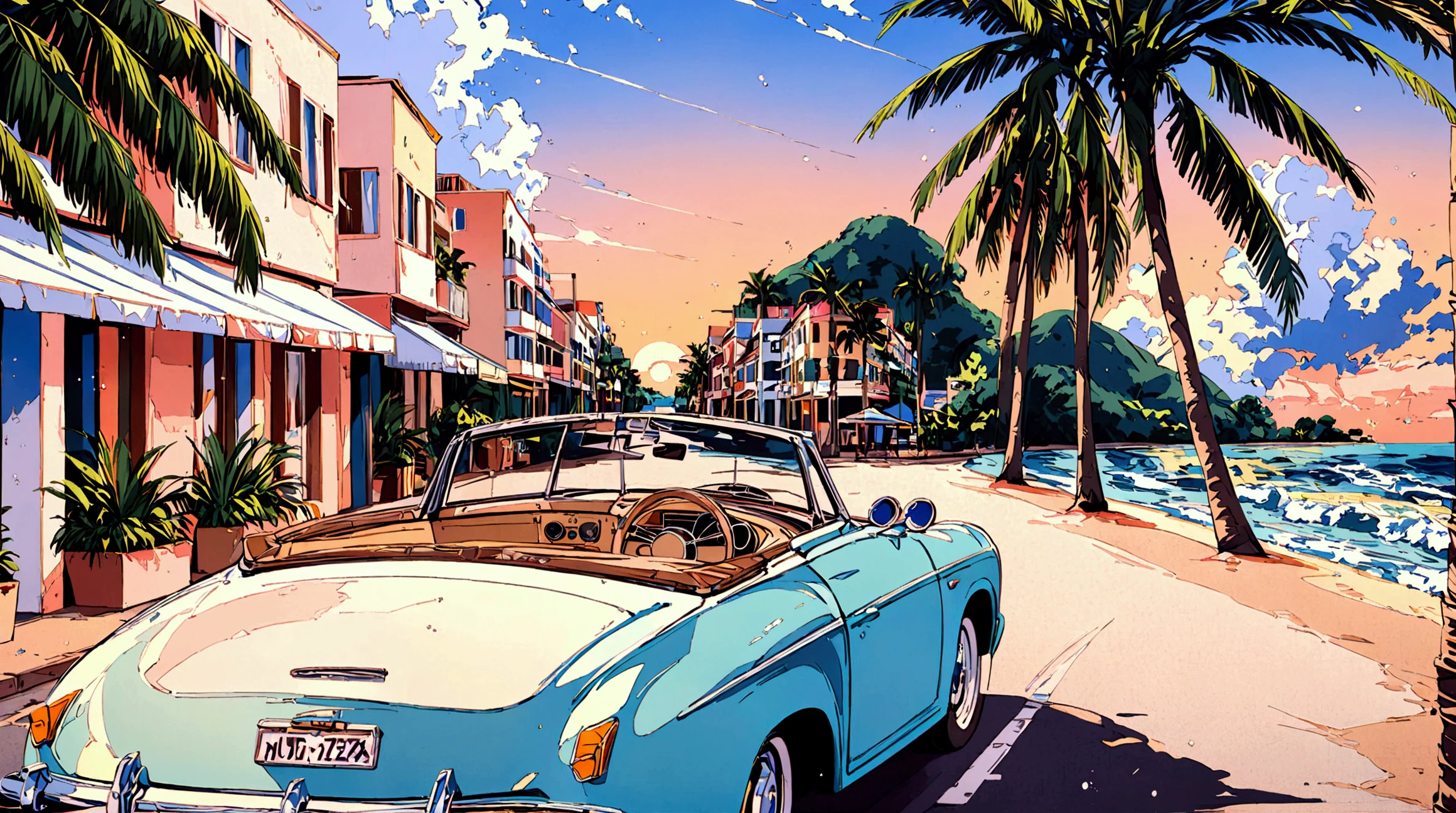 "An anime-style illustration inspired by 1980s city pop. A sophisticated 20-something woman with long black hair rides in a convertible along a seaside town. She wears a white blouse and denim pants, with sunglasses resting on her head. Her hair flows in the breeze as she smiles gracefully. The backdrop features a sunset sky in warm hues of orange and pink, sparkling ocean waves, distant island silhouettes, and streets lined with palm trees. The entire scene evokes a nostalgic yet refreshing summer vibe typical of city pop aesthetics."