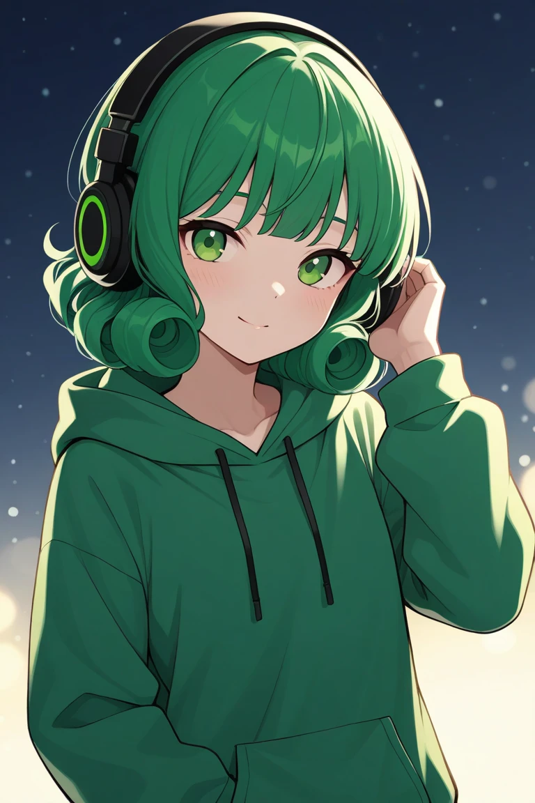 A boy with curly Japanese anime hair in a green hoodie and headphones