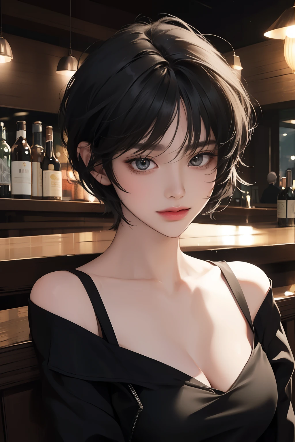 at a nightclub sitting at bar, eyeliner (masterpiece) (best quality) (detailed) (8k) (HDR) (wallpaper) (cinematic lighting) (sharp focus) (intricate) freckles, biting lip, short hair, slutty outfit, sexy, blush, aroused, cleavage, shiny boobs