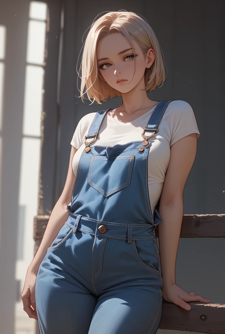 raw photo, (1 American girl), 25 years old, bob hairstyle, blonde hair, slim body, fitness figure,, in overalls, (overalls), in an old workshop, dim light, topless with t-shirt slim shape walk  behind farm big-boobs