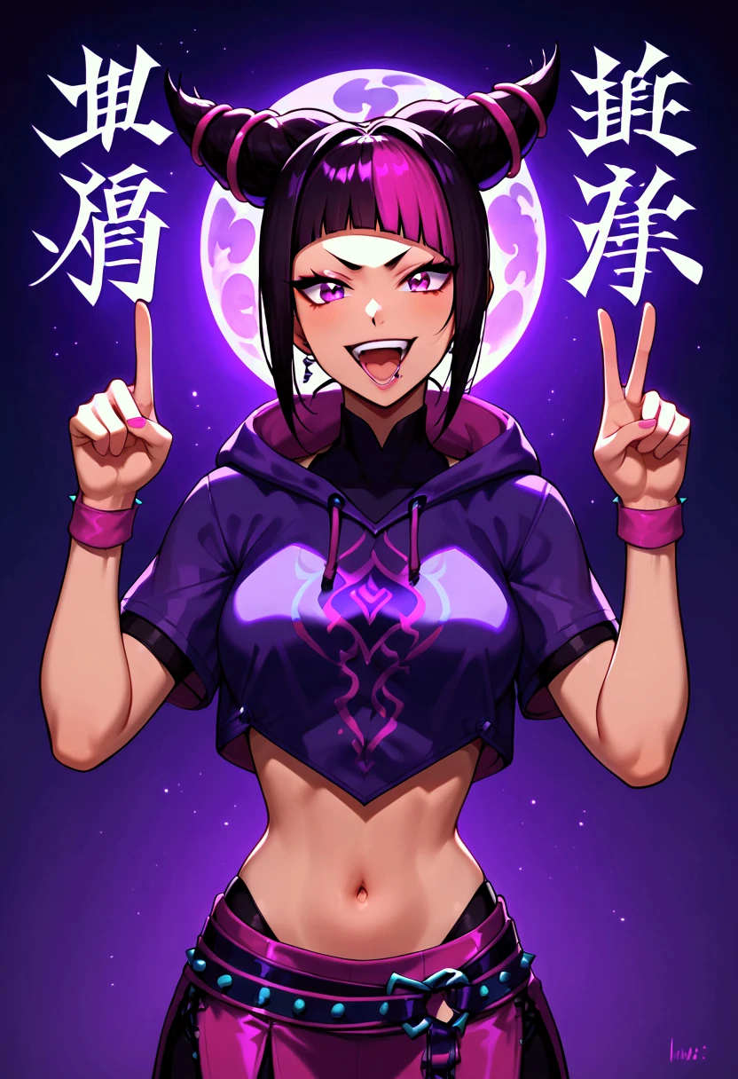 Anime style, the streets at midnight background, new Year , new year, 1girl, adult girl, Juri Han, purple hoodie vest, blue and white striped crop top with short sleeves, navel, wear purple mini skirt, "Happy New Year 2025" written above the girl's head, both hands pointing upwards