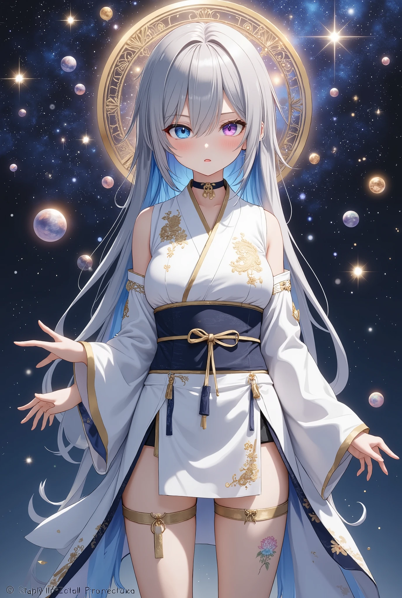  fresh illustration ,
Superfine painting,
 top quality,
 very delicate illustration ,
 Very fine details ,
 Beautiful Attractive Anime Women ,
 A Seductive Anime Girl,
 more details,
 beautifully refined,
Illustration of a girl,
 full body view,
Height: 158cm,
Fair skin,
 The right eye is blue and the left eye is purple, showing complete heterochromia,
 large black pupils ,
 beautiful eyes,
 super long hair,
 shiny hair ,
 The roots of the hair are blue and the others are gray ,
 The hair has a gradient
The forehead is exposed,
 pretty and cute face ,
Cheeks are ruddy,
 A small, shiny halo is floating on the back of the head,
Lowering the eyebrows,
 since age 27,
The upper half of the body is in a traditional Japanese kimono,
Overall white clothes ,
 lower body Nadres ,
The color of the belt is black ,
 The design is tastefully embroidered with gold thread,
 fine fabric clothing ,
Shoulder-width narrower shoulders,
 Super Big Breasts ,
 garter belt from behind,
 thigh strap ,
 thigh strap は肌に食い込んでいる,
 white long boots,
 Thin Waist,
Thick thighs,
Isometric,
Golden Ratio,
god々 like atmosphere,
 The undershirt is indigo-colored with a stand-up collar,
 outer space ,
There are multiple galaxies ,
Little Star々 upper body ,
 tactical use of shadows ,
 The hair and the halo on the head do not extend beyond the frame,
Clothes don't stick out of the angle of view ,
 waist shot ,