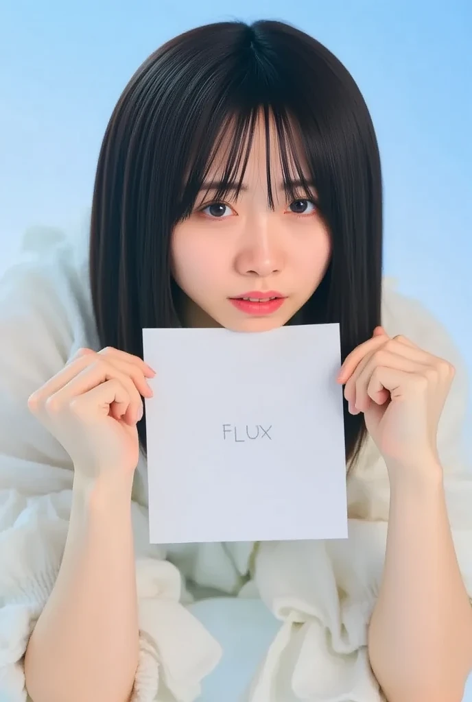 It says FLUX on the paper , hold the paper and show it on the front , top quality, Details, beautiful, insanely Details, absurdres, perfect ,
Japanese women, black hair,Age 27,
(slender),
(small top quality),
surreal, close, from below, lean forward, long wavy curly hair , super beautiful, happy ,blouse