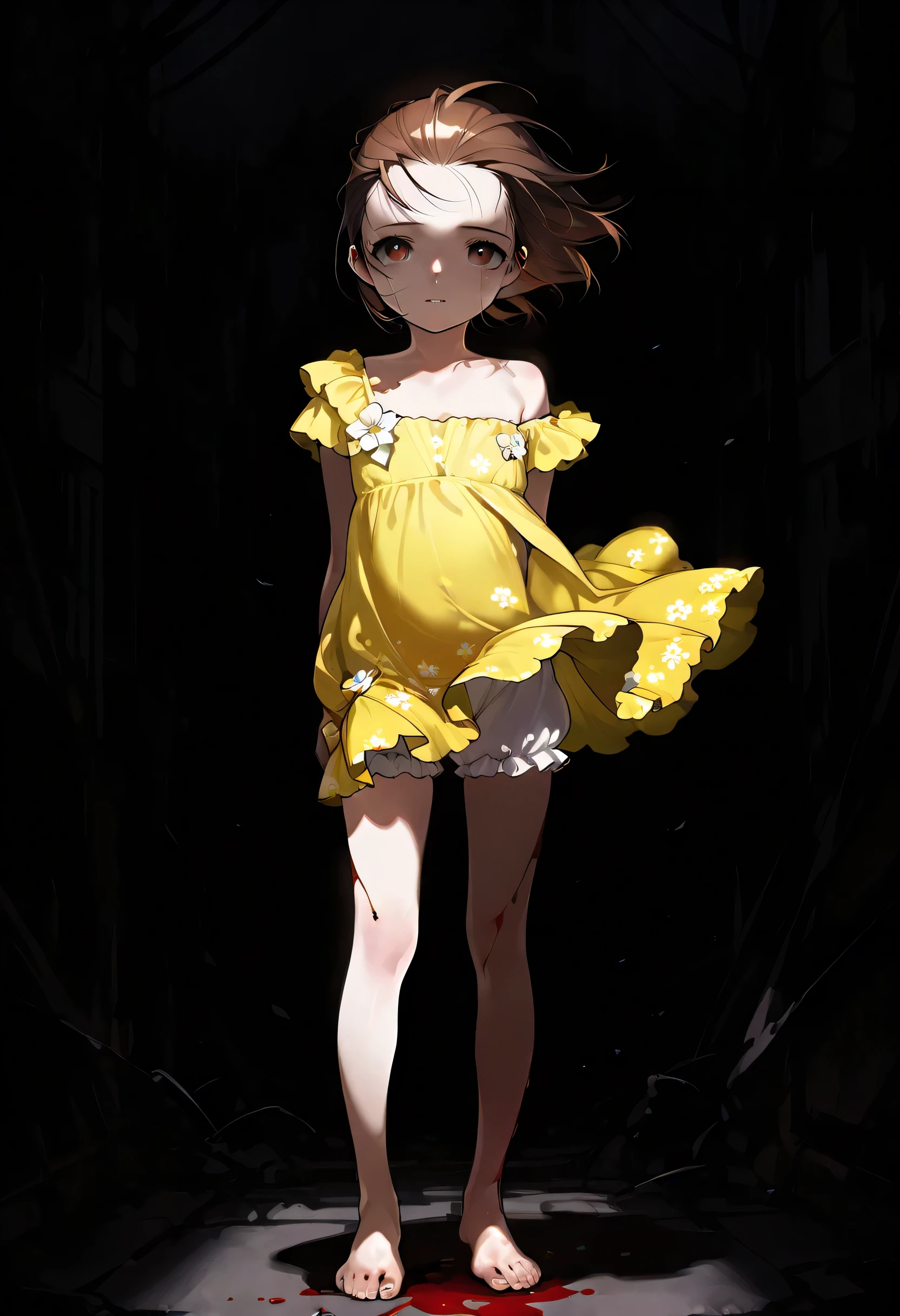 Best quality::2.5, artwork::2.5, Masterpiece::2.5, Dark background, Without light source, horror, **li, cute, Brown hair, brown eyes, short hair, Hair slicked back, bare shoulder, ((Flower design on dress)), ((Yellow dress)), Bare legs, barefoot, Ruffle Bloomers white. Belly, Highlighting covered thighs, foundation, Wind, Blood on the walls, Scary environment, 