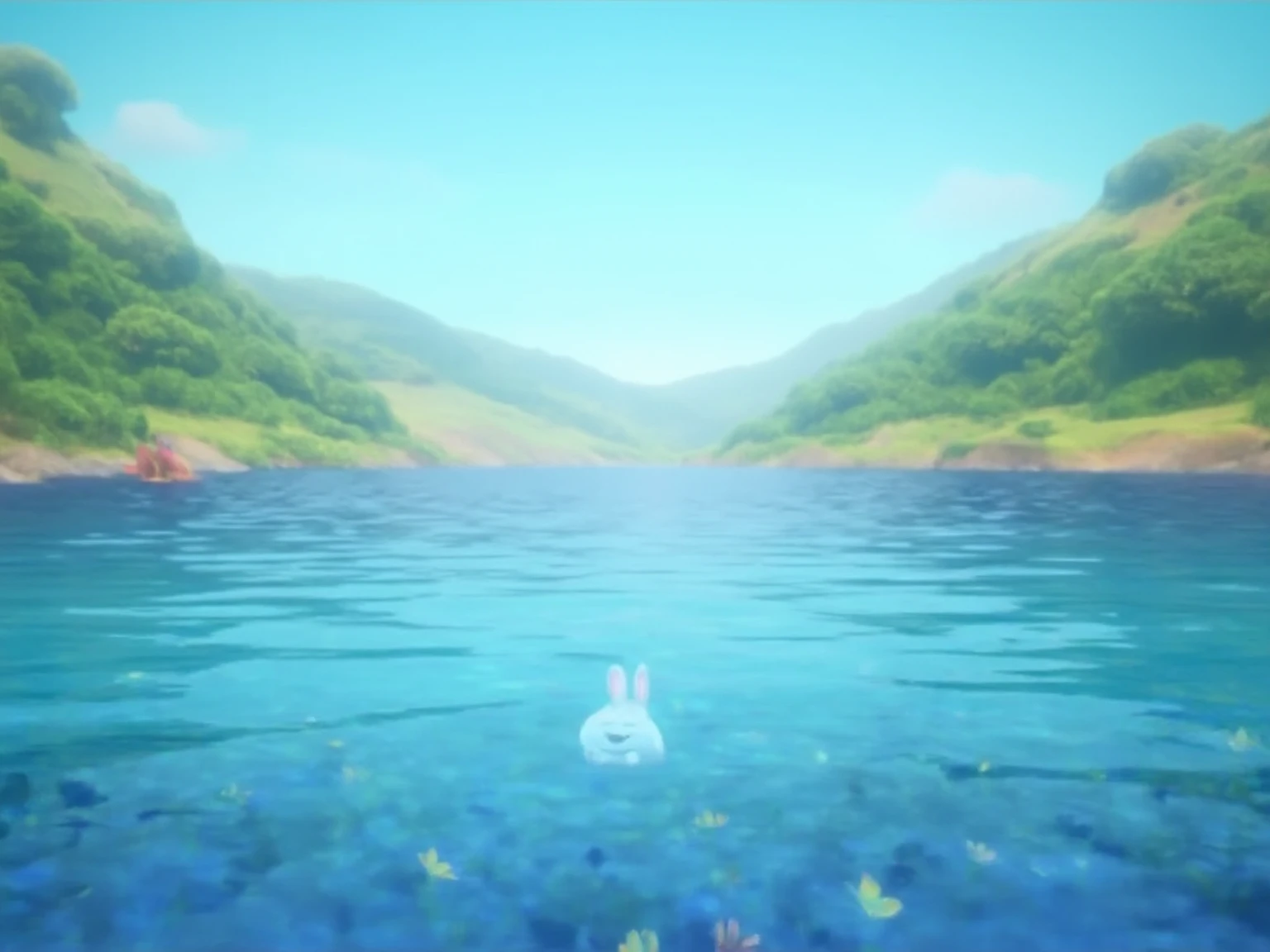 A tranquil and magical scene of a blue lake under clear, calm skies.  There is a cuddly rabbit sitting by the lake ,  looking at the blue flowers floating in the water .  The landscape conveys peace and serenity ,  with green trees in the background and a soft sun shining. The rabbit is smiling ,  and the colors of the environment are soft and tranquil ,  with a predominant palette of shades of blue . 3D Pixar animation style
