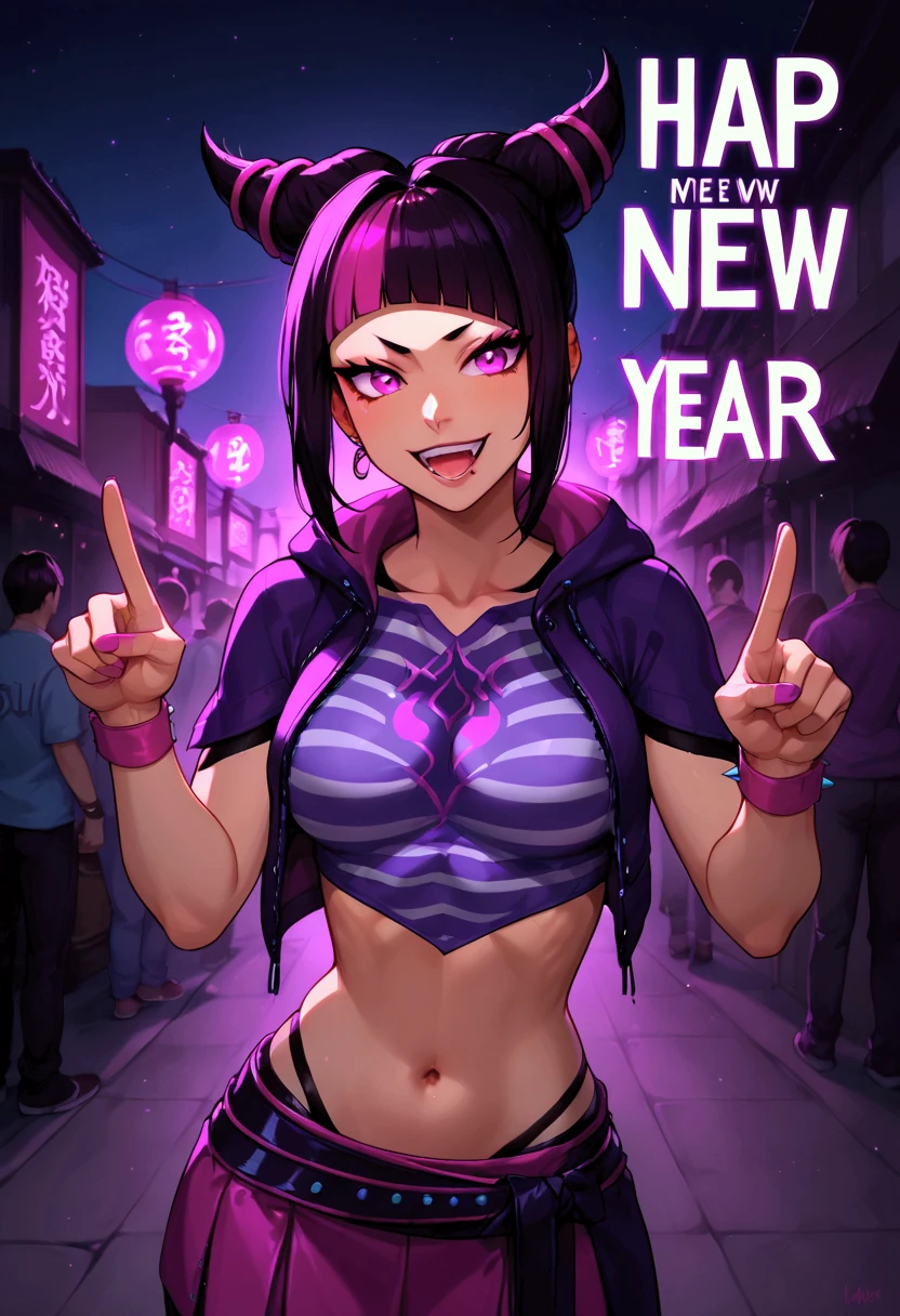 Anime style, the streets at midnight background, new Year , new year, 1girl, adult girl, Juri Han, purple hoodie vest, blue and white striped crop top with short sleeves, navel, wear purple mini skirt, "Happy New Year 2025" written above the girl's head, both hands pointing upwards