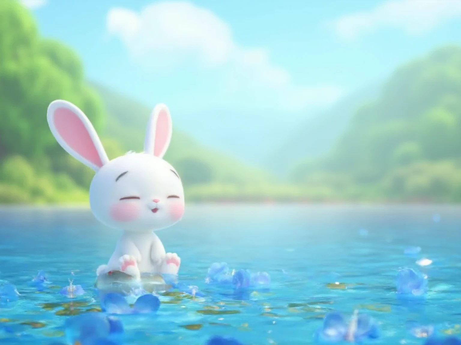 A tranquil and magical scene of a blue lake under clear, calm skies.  There is a cuddly rabbit sitting by the lake ,  looking at the blue flowers floating in the water .  The landscape conveys peace and serenity ,  with green trees in the background and a soft sun shining. The rabbit is smiling ,  and the colors of the environment are soft and tranquil ,  with a predominant palette of shades of blue . 3D Pixar animation style
