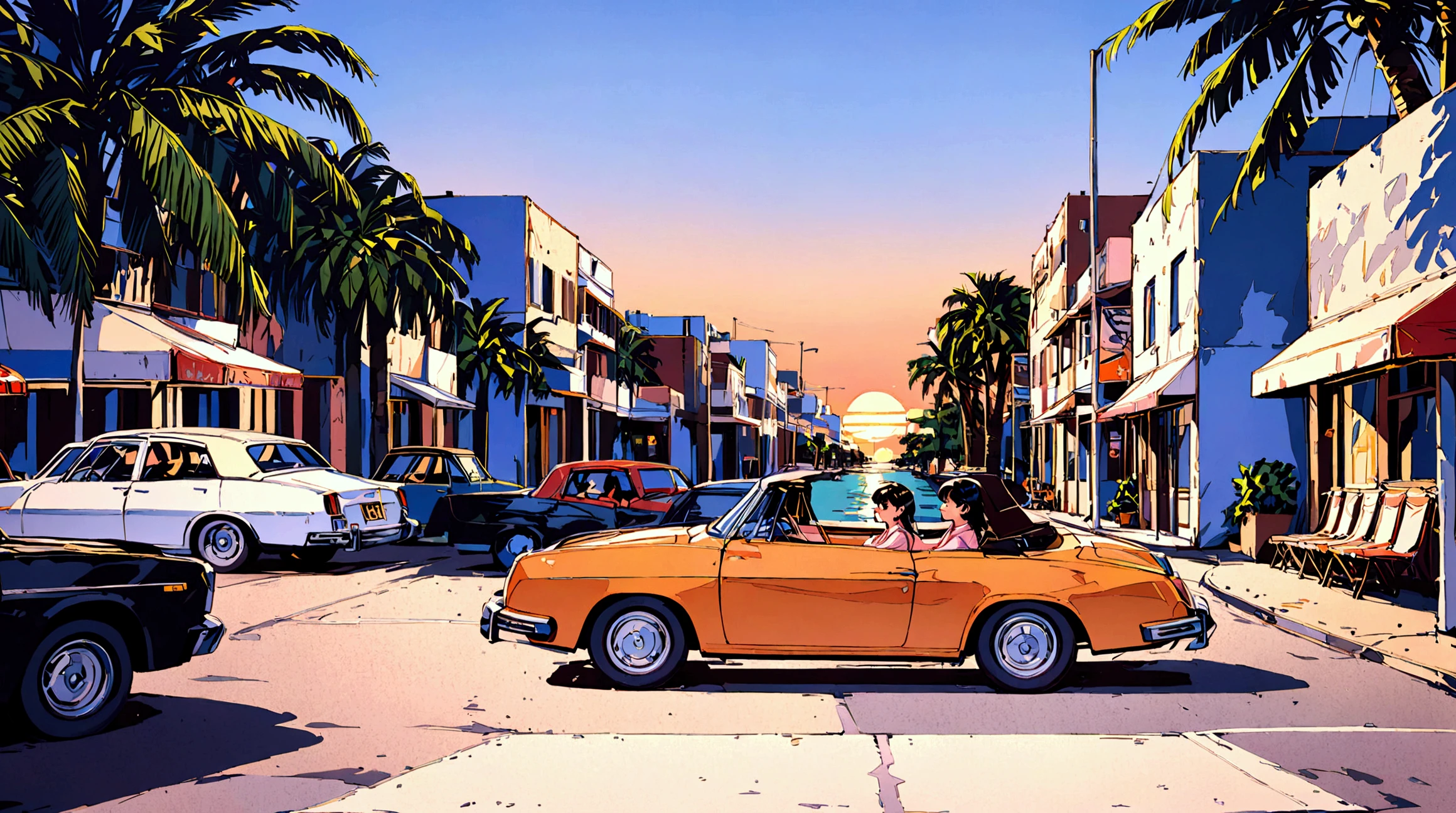 "An anime-style illustration inspired by 1980s city pop. A sophisticated 20-something woman with long black hair stands next to a convertible on a seaside road at sunset. She wears 1980s-inspired fashion, including a tailored blazer, denim pants, and heels. Her hair flows gently in the breeze as she gazes into the distance with a cool expression. The backdrop features a sunset-lit sky in shades of orange and pink, sparkling ocean waves, and streets lined with palm trees. The scene evokes a nostalgic and stylish summer evening from the 1980s."