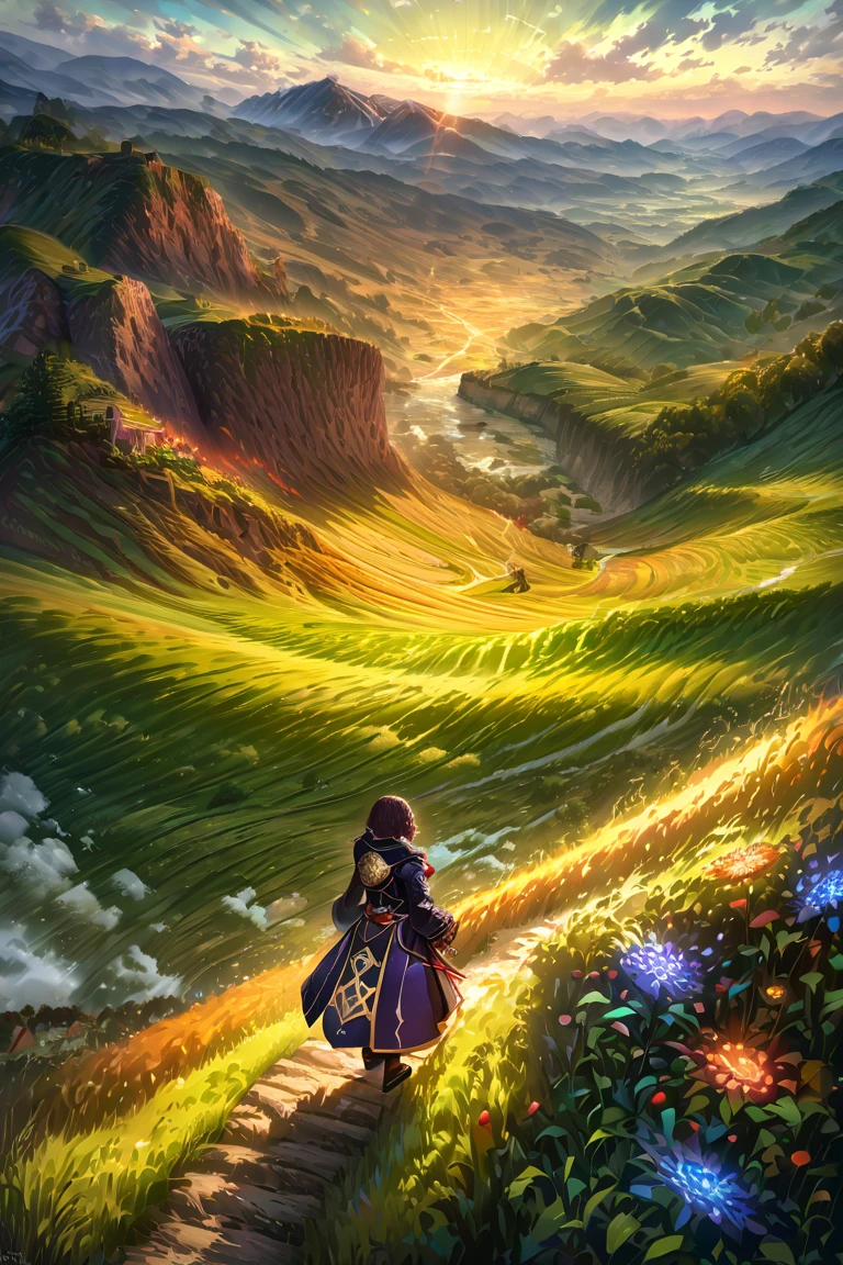 masterpiece,best quality, High score, absurdres, highly detailed, impressionism, Morgan \(Grand Order\), standing, looking away,highly detailed face, highly detailed eyes, ,full body,from behind ,dramatic lighting,warm lighting,day time,on the top of a hill,green landscape, mountains in a far