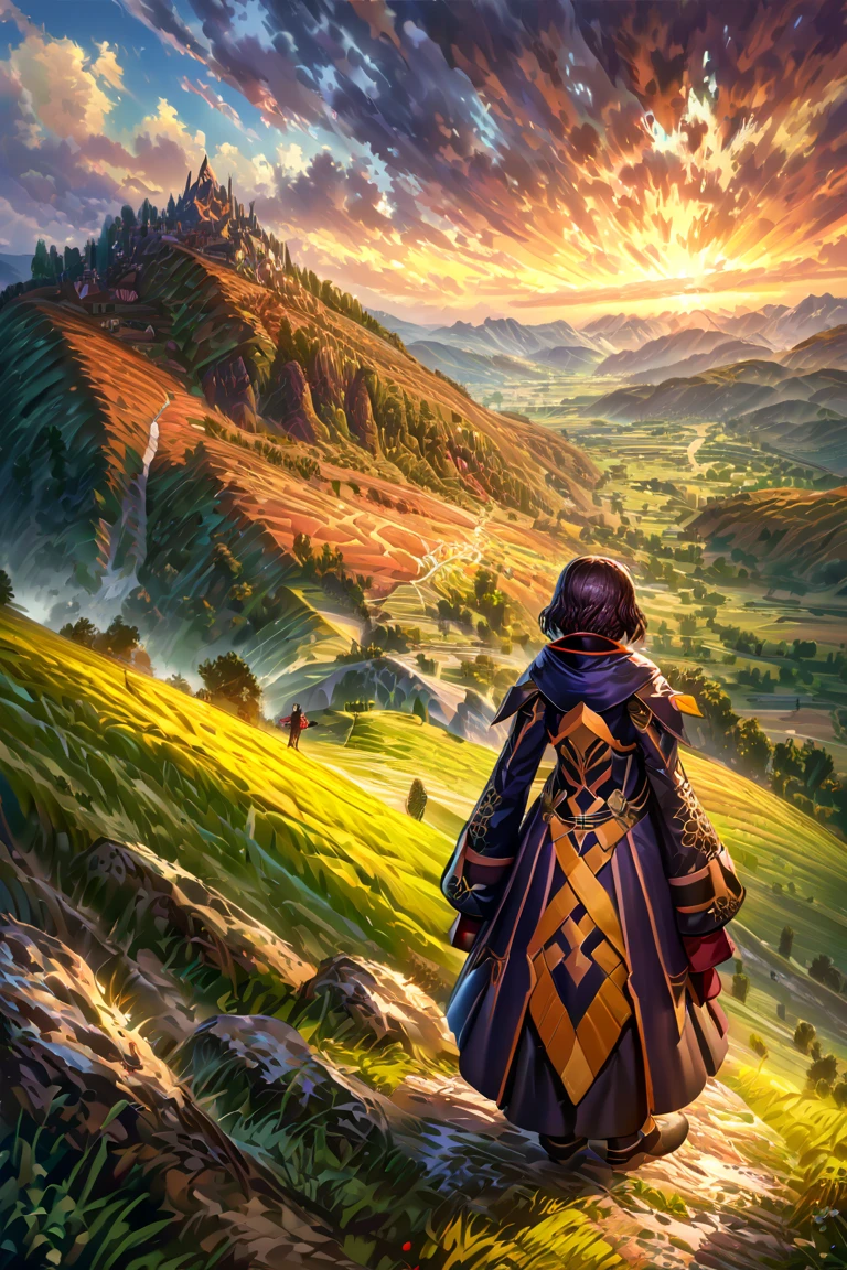 masterpiece,best quality, High score, absurdres, highly detailed, impressionism, Morgan \(Grand Order\), standing, looking away,highly detailed face, highly detailed eyes, ,full body,from behind ,dramatic lighting,warm lighting,day time,on the top of a hill,green landscape, mountains in a far