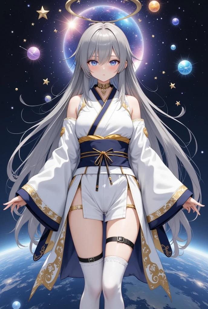  fresh illustration ,
Superfine painting,
 top quality,
 very delicate illustration ,
 Very fine details ,
 Beautiful Attractive Anime Women ,
 A Seductive Anime Girl,
 more details,
 beautifully refined,
Illustration of a girl,
 full body view,
Height: 158cm,
Fair skin,
 The right eye is blue and the left eye is purple, showing complete heterochromia,
 large black pupils ,
 beautiful eyes,
 super long hair,
 shiny hair ,
 The roots of the hair are blue and the others are gray ,
 The hair has a gradient
The forehead is exposed,
 pretty and cute face ,
Cheeks are ruddy,
 A small, shiny halo is floating on the back of the head,
Lowering the eyebrows,
 since age 27,
The upper half of the body is in a traditional Japanese kimono,
Overall white clothes ,
 lower body Nadres ,
The color of the belt is black ,
 The design is tastefully embroidered with gold thread,
 fine fabric clothing ,
Shoulder-width narrower shoulders,
 huge breasts ,
 garter belt from behind,
 thigh strap ,
 thigh strap は肌に食い込んでいる,
 white long boots,
 Thin Waist,
Thick thighs,
Isometric,
Golden Ratio,
god々 like atmosphere,
 The undershirt is indigo-colored with a stand-up collar,
 outer space ,
There are multiple galaxies ,
Little Star々 upper body ,
 tactical use of shadows ,
 The hair and the halo on the head do not extend beyond the frame,
Clothes don't stick out of the angle of view ,
 waist shot ,
