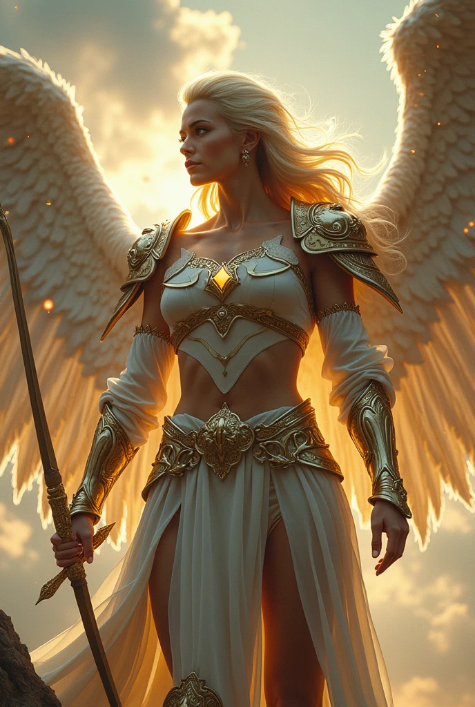 score_9, score_8_up, score_7_up, 1girl, valkyrie in gorgeous armor is holding a spear in hand, (side view, solo:1.1), standing, golden laurel wreath crown, goddess, pale skin, beautiful face, armored dress, wings, looking at viewer, cloudy sky, holy light, light from clouds, fantasy theme expressiveh d4rk01l