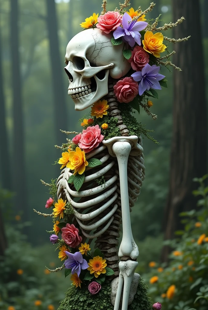 Skeleton holding a bougainvillea in its mouth, is sitting under blue and violet clouds.