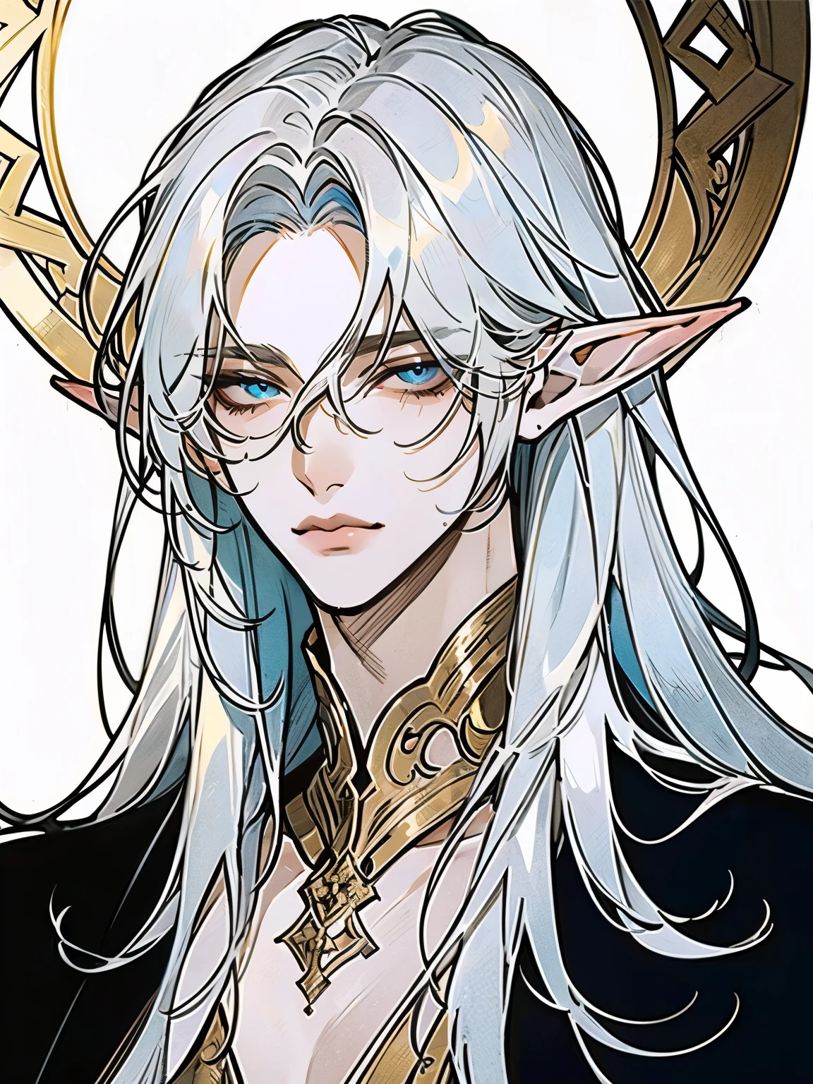 (portrait:1.3), Designed by NTY, (Best quality, 4K, 8K, a high resolution, masterpiece:1.2), A striking individual with ethereal grace
Expressive, piercing blue eyes, (detailed blue eyes, ultra-quality eyes:1.3), gazing with a calm intensity, (elf ears:1.3)
Long, cascading white hair with a silken sheen, radiating an aura of purity and mysticism
Anthropomorphic traits: elegant, elongated elven ears, enhancing his timeless, otherworldly appearance
Graceful attire in pristine white and golden tones, adorned with subtle, intricate patterns
A flowing sash tied at his waist, exuding an air of dignity and sophistication
Jewelry: refined and luminous, featuring delicate gold accents and crystalline details
Decorative embellishments reminiscent of celestial themes, merging light and serenity into his regal presence