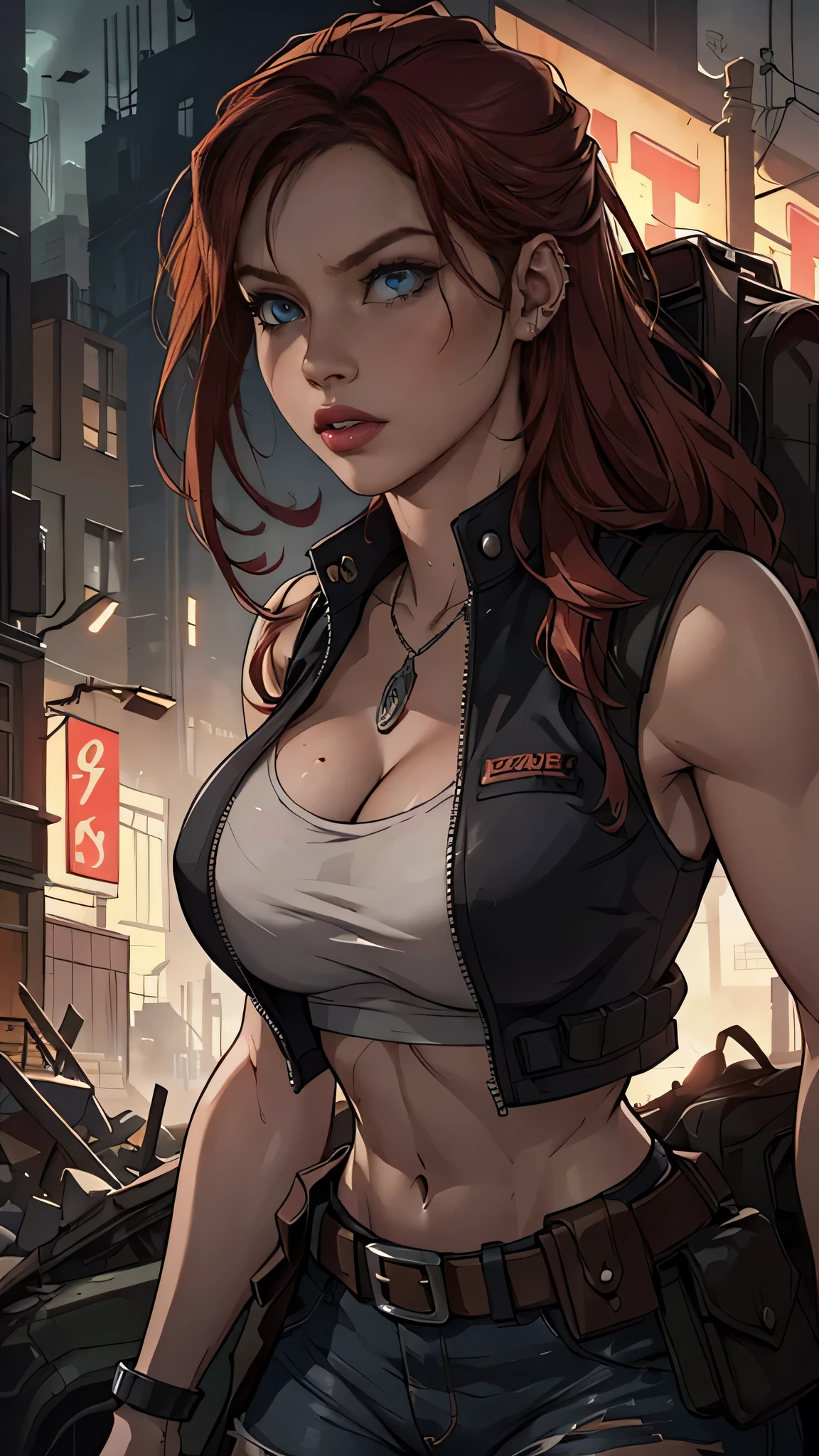 a beautiful and detailed portrait of claire redfield, a young woman with long red hair, piercing blue eyes, and a determined expression, wearing a tactical vest, set in a gritty, post-apocalyptic urban environment with decaying buildings and debris in the background, cinematic lighting, photorealistic, highly detailed, 8k, masterpiece