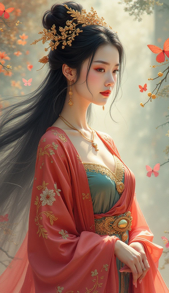 A beautiful oriental goddess、A fusion of ink painting and vivid watercolor、magnificent、Jewelry、masterpiece、　