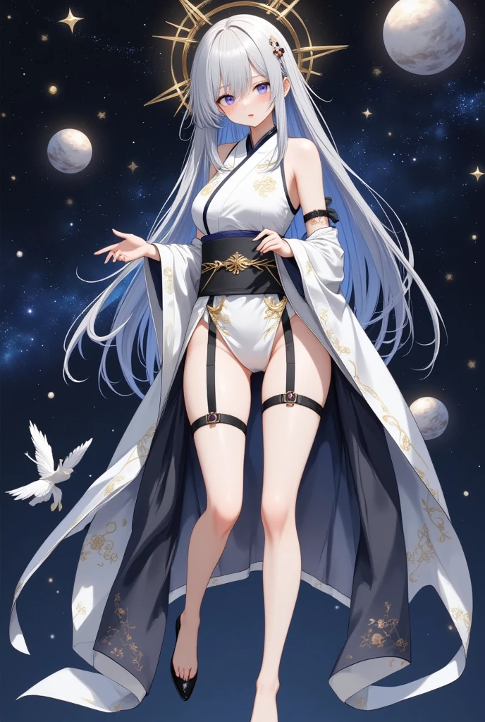 Fresh illustration,
Ultra-fine drawing,
Top quality,
Very delicate illustration,
Very fine details,
Beautiful charming anime woman,
Enchanting anime girl,
Super detailed,
Beautiful and sophisticated,
Illustration of a girl,
Full body view,
Height 158cm,
Fair skin,
Right eye blue, left eye purple, complete heterochromia,
Large black pupil,
Beautiful eyes,
Super long hair,
Shiny hair,
Blue roots, white hair elsewhere,
Hair with gradient,
Protruding forehead,
Pretty and cute face,
Rich cheeks,
Small shiny halo at the back of the head,
Lowered eyebrows,
Smiling wearing a kimono on the upper half of her body,
all white clothing,
cheongsam on the lower half,
black obi,
tasteful embroidery with gold thread,
clothes made of high-quality fabric,
narrow shoulders,
super big breasts,
garter belt,
thigh straps,
thigh straps digging into her skin,
white long boots,
thin waist,
thick thighs,
isometric,
golden ratio,
divine atmosphere,
wearing an indigo-colored stand-up collared inner,
outer space,
multiple galaxies,
countless small stars,
tactical use of shadows,
hair and halo on head do not extend beyond the frame,
clothes do not extend beyond the frame,
waist shot,