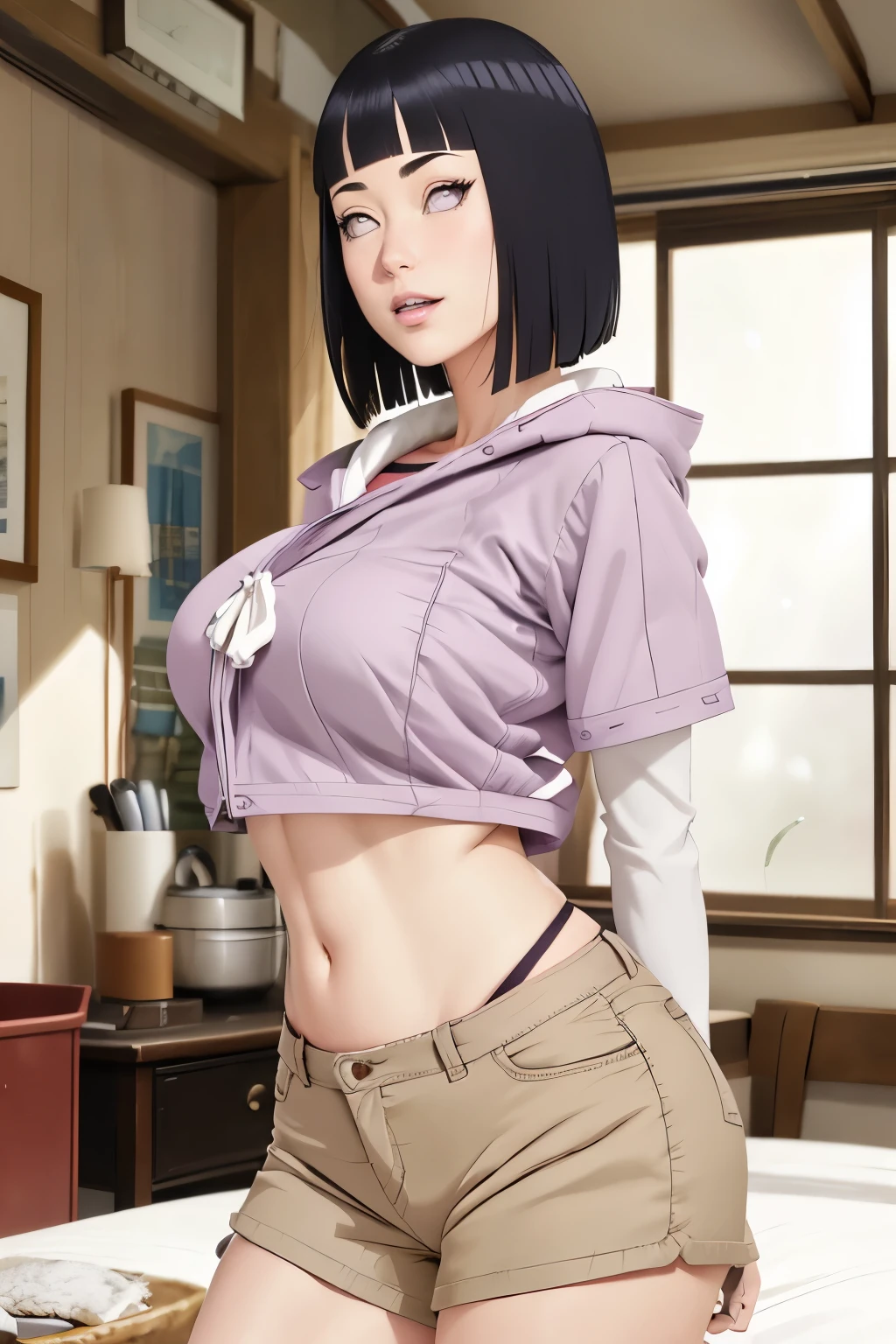 master part, absurdities, Hinata\(boruto\), 1 , Alone, mature woman, purple coat, layered sleeves , short brown jeans sexy, outdoor, cloudy sky, perfect composition, circumstantial lips, neckline and large breasts, pretty face, body proportion , Blush, ( pink lips ), short black hair ( black hair), lilac eyes, soft appearance, super realistic, circumstantial, photo shoot, realistic face and body , Realistic hair, realistic eyes, realistic nose, realistic lips , brown jeans, animated, Dancing lightly . on your back, with chin under shoulder, looking back sensually, sorriso sexy, with your mouth shut. different pose.