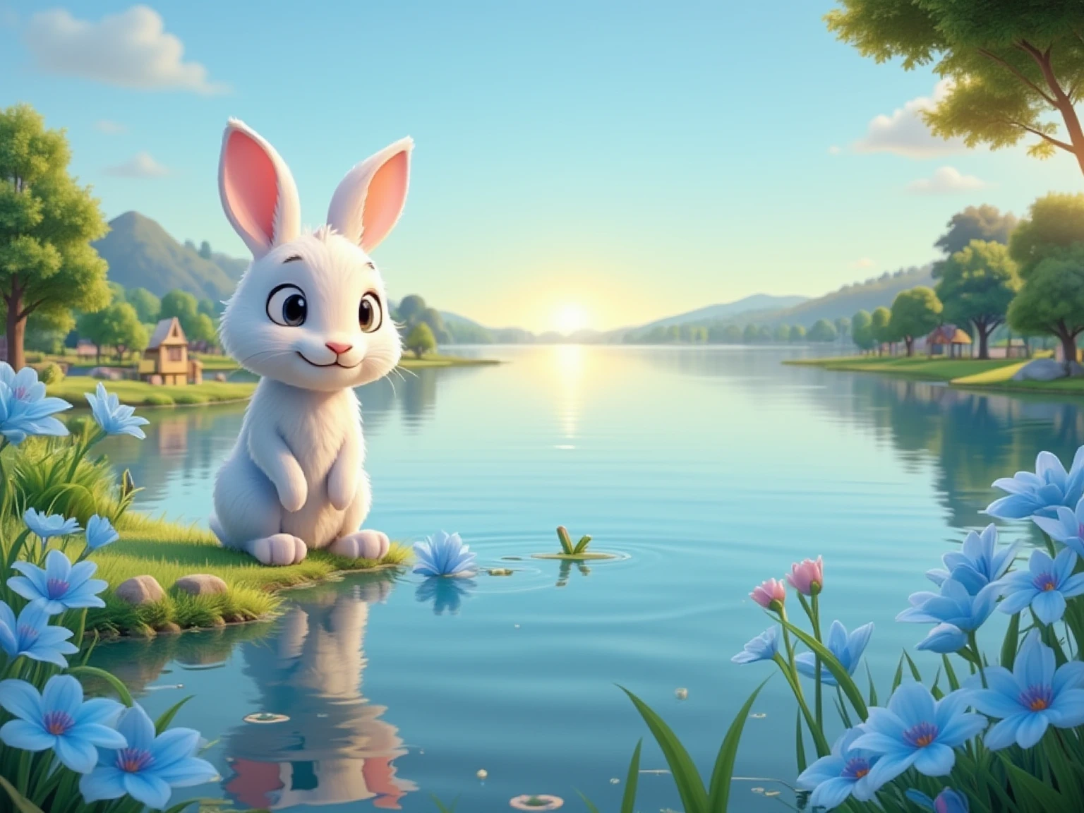 A tranquil and magical scene of a blue lake under clear, calm skies.  There is a cuddly rabbit sitting by the lake ,  looking at the blue flowers floating in the water .  The landscape conveys peace and serenity ,  with green trees in the background and a soft sun shining. The rabbit is smiling ,  and the colors of the environment are soft and tranquil ,  with a predominant palette of shades of blue . 3D Pixar animation style
