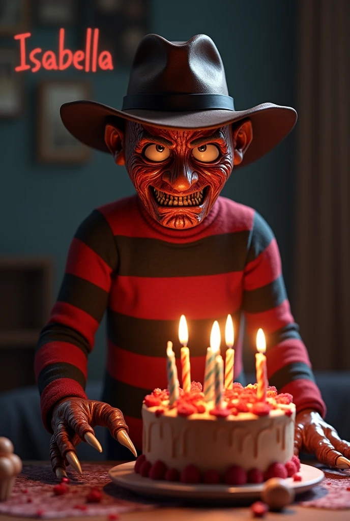 An animatronic from Five Nights at Freddy's, ele está usando uma máscara de porcelana com pinturas de swords, swords, clubs and hearts he is wearing a jester hat and a green and red outfit he is a 2m animatronic he is totally dirty and broken and his outfit is torn showing some of his animatronic parts his eyes are purple and he is giving a somewhat macabre smile he is wearing black latex gloves and is also wearing jester shoes he is holding a birthday cake and he is in a totally destroyed messy and dirty birthday room there is a happy birthday sign that was stained with blood the image has to be in cartoon