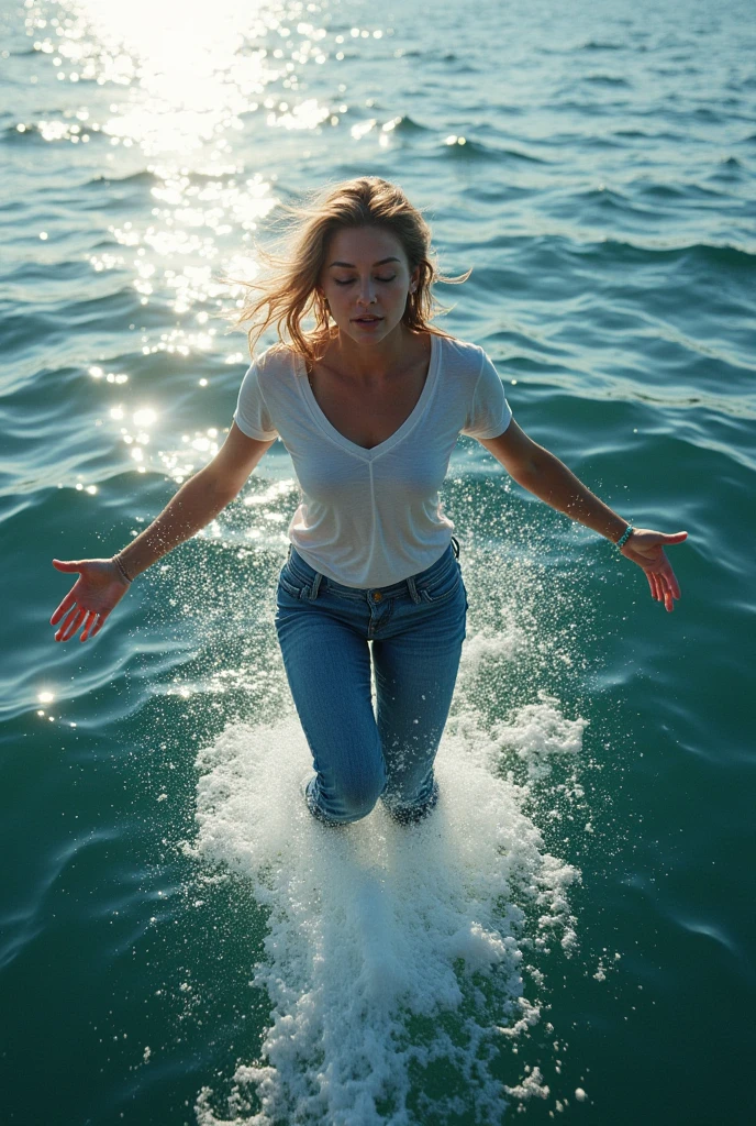 (wet situation), perfect photo of a beautiful blonde woman, (wet hair:1.3), (emerging out from water:1.3), proudly wearing her (wet blue satin shirt:1.3) buttoned to the top, with (long sleeves that extends to her wrists), as she plays with the buttons on her shirt, (in ocean), (only head and shoulders visible on the water:1.4), partially submerged, kinkily smiling at viewer with an (aroused expression from being soaking wet), photographed on a Fujifilm XT3, 80mm F/1.7 prime lens, cinematic film still, cinestill 500T, highly detailed, masterpiece, highest quality, intricately detailed, HDR, 16k, uhd, photorealistic