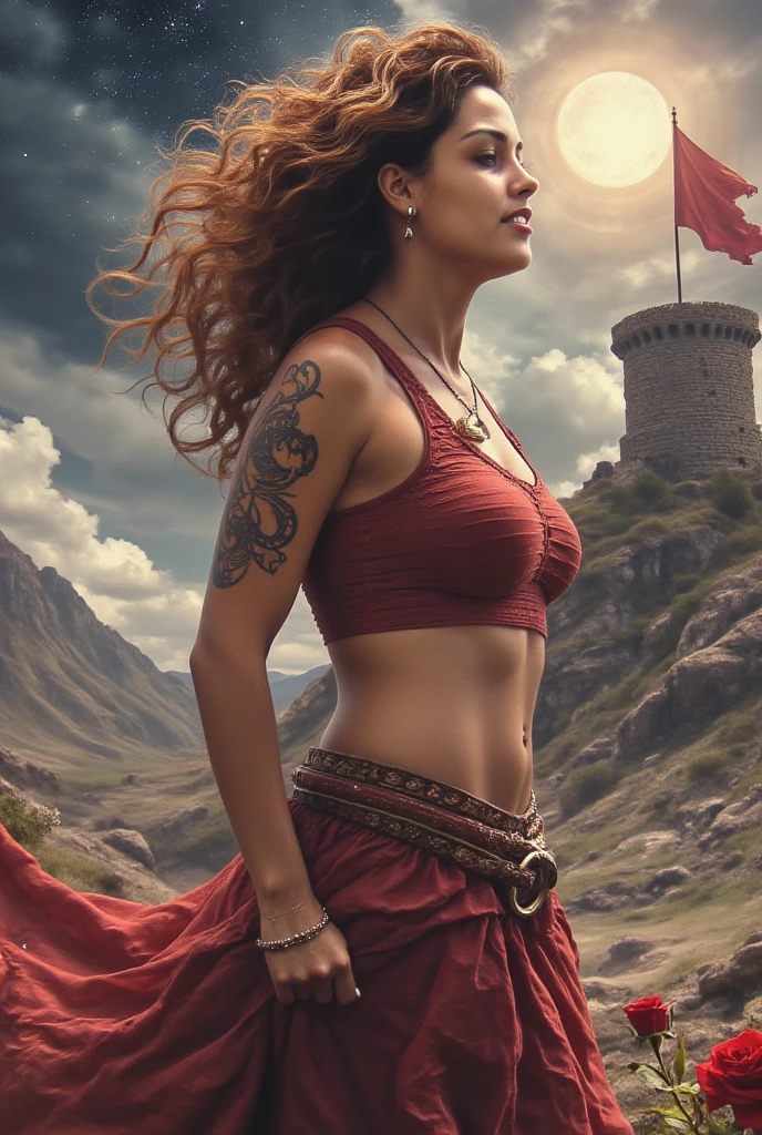 flat image. tattoo.  beautiful and sexy woman smiling in the foreground . dream.  founds the concepts of femininity  , courage, resilience and love for nature . rose. Sky and stars, universe, aliens,  musical notes ,  a stone castle tower in the background with a red flag fluttering. hyperdetailed image.  background and borders of the solid white page .