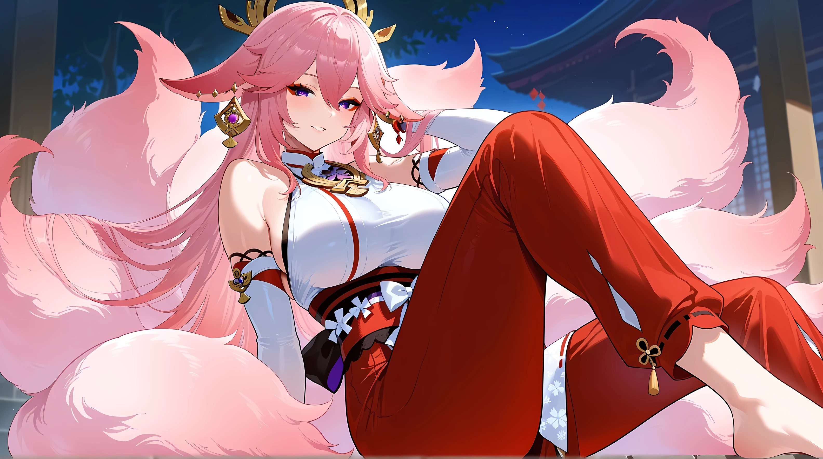top quality、 more details、 High Resolution Illustration 、Ultra-high-definition CG、Genshin Impact、 Yae Miko、Tail、Slanted Eyes、red eyeshadow、 eyeliner、 watching 、 one girl、foot、feet、Shrine maiden costume、 uncovered clothes、chest、Big Breasts、 sexy、 provocative、Older sister、Yaemiko Fox
earring
Embrace an animal
multiple tails