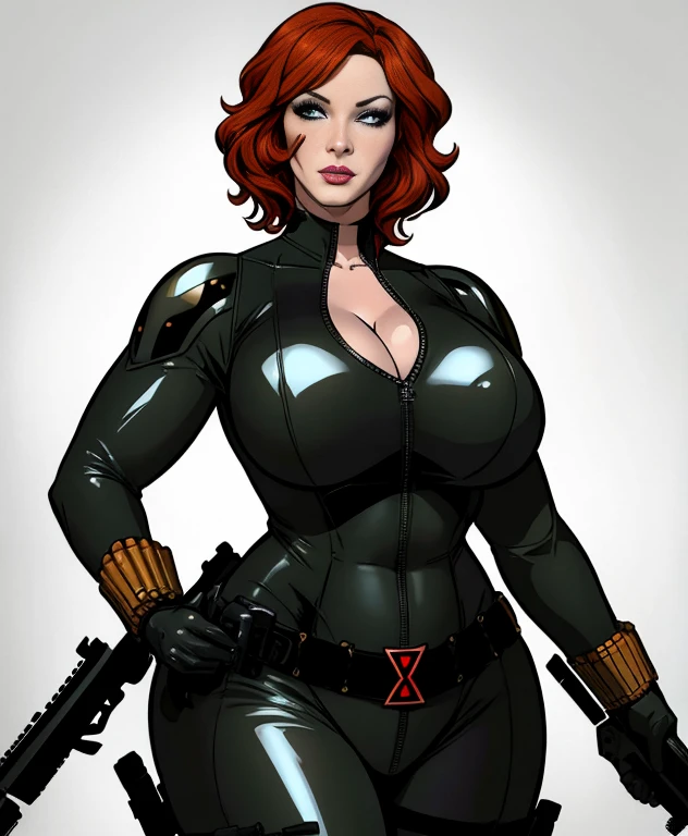 48 year old Christina Hendricks as the character Natasha Romanoff/Black Widow from the Marvel Cinematic Universe, with a huge bust in a tight black leather suit, Running makeup on face. High-quality facial research of Christina Hendricks. Include Christina's sculpted cheekbones and slight wrinkles around the face. High-quality detailed research of Christina Hendricks voluptuous figure. Pale skin. Highly detailed skin. Lush bust. Buxom Chested. Leather glitters. Emphasizing large breasts and waist. Christina Hendricks's breasts barely fit in the tight leather suit. Big curvy bust. Metallic belt, metallic armlets, gun holsters and fingerless gloves. Meticulous attention to detail in Black Widow's costume texture and weaponry.
