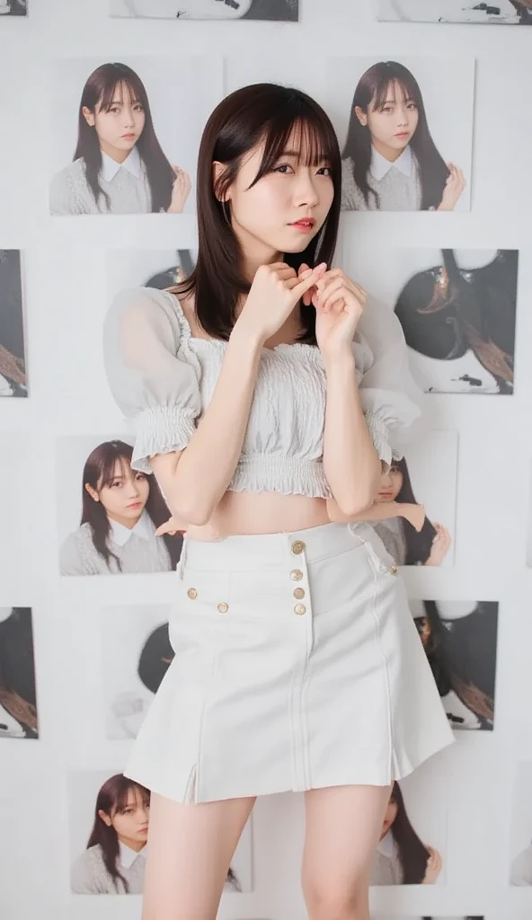 A short and cute idol、whole body、Good style、Shiny white frilly idol costume、mini skirt、A pure idol face、stage、White skin、(((Looking at the camera)))、(Nipples are visible)、Thighs