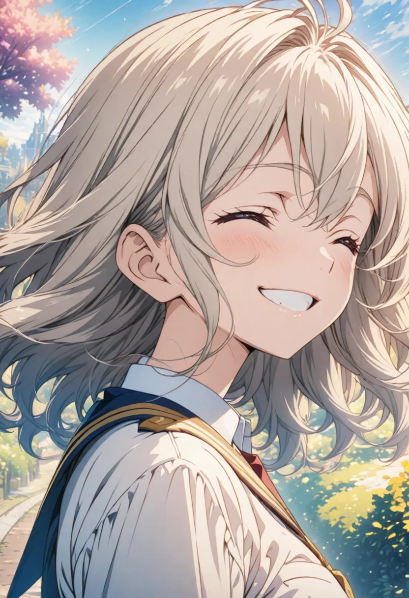 masterpiece, Highest quality, Highly detailed CG Unity 8K wallpapers, High  Girl Anime Illustration. Wearing a uniform、she has her eyes closed and mouth open, smile. The background is a light pastel colored landscape