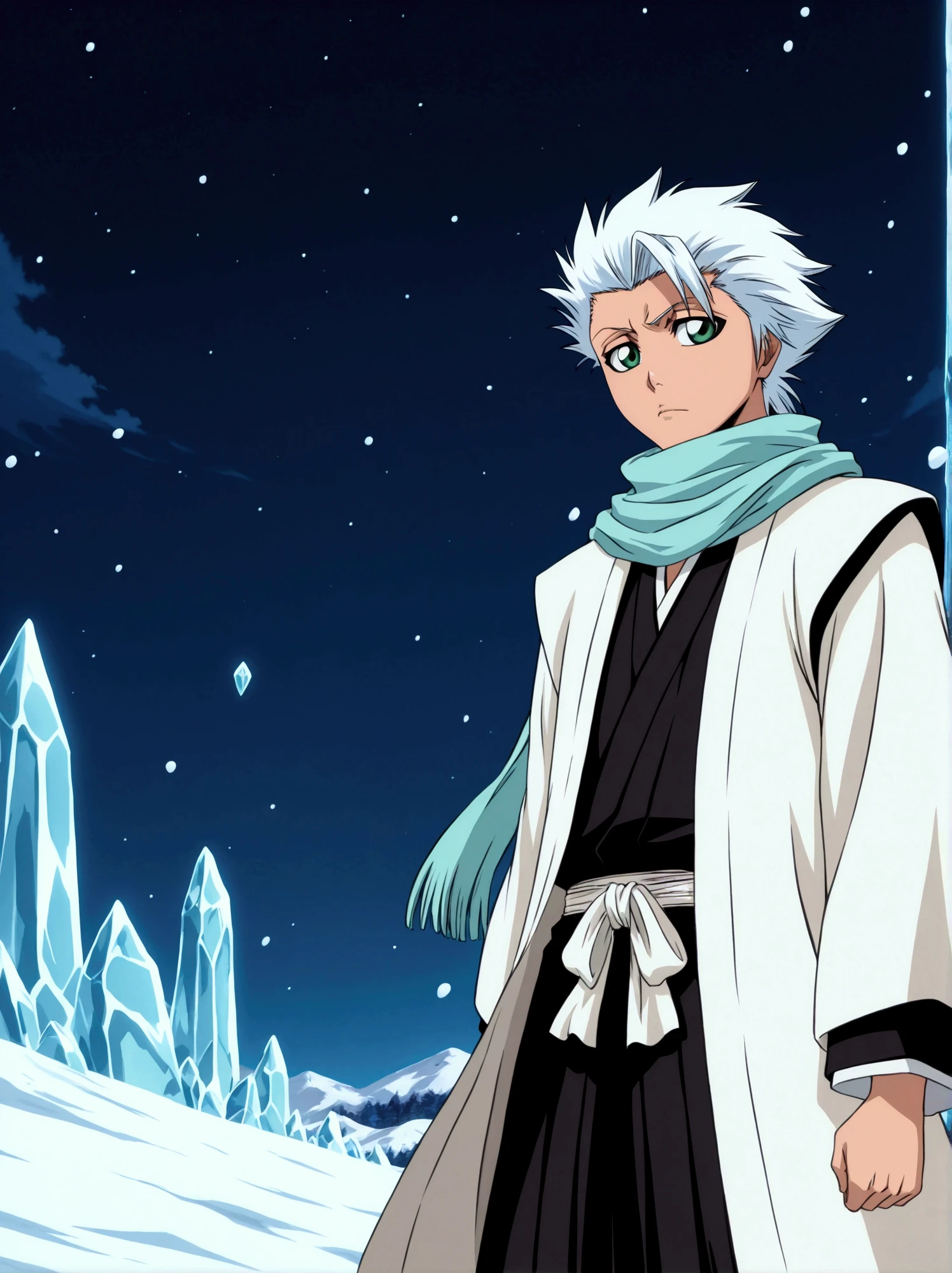  kind of behind,  background, Toshiro _ Hitsugaya  ( anime character from the anime Bleach),  handsome man , elegance, Confident,  dramatic composition ,  ashy short hair ,  Calm facial expression,  flowing scarf ,  black and white outfit , night sky, frostная атмосфера, fragments_Ice ( around character ), много Ice, cold, frost,  cinematic perspective,  anime style