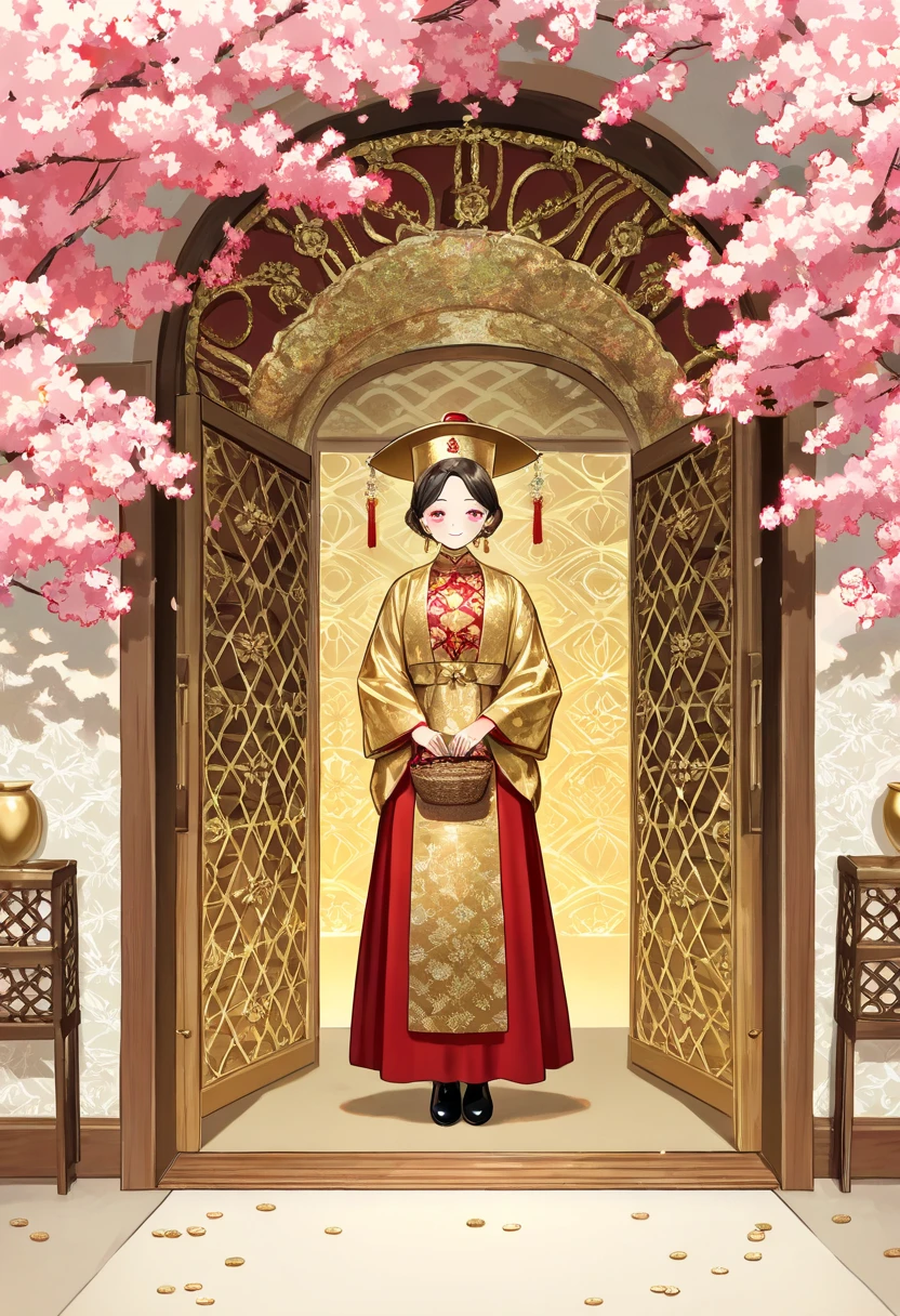 A happy asian woman in traditional red and gold clothing and hat, holding a wicker basket full of shiny gold coins, standing in a doorway with a blooming cherry blossom tree in the background, leading to a serene outdoor scene, highly detailed, bold colors, intricate patterns