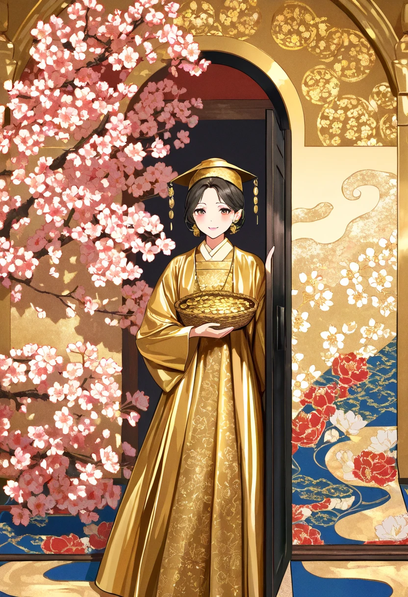 A happy asian woman in traditional red and gold clothing and hat, holding a wicker basket full of shiny gold coins, standing in a doorway with a blooming cherry blossom tree in the background, leading to a serene outdoor scene, highly detailed, bold colors, intricate patterns