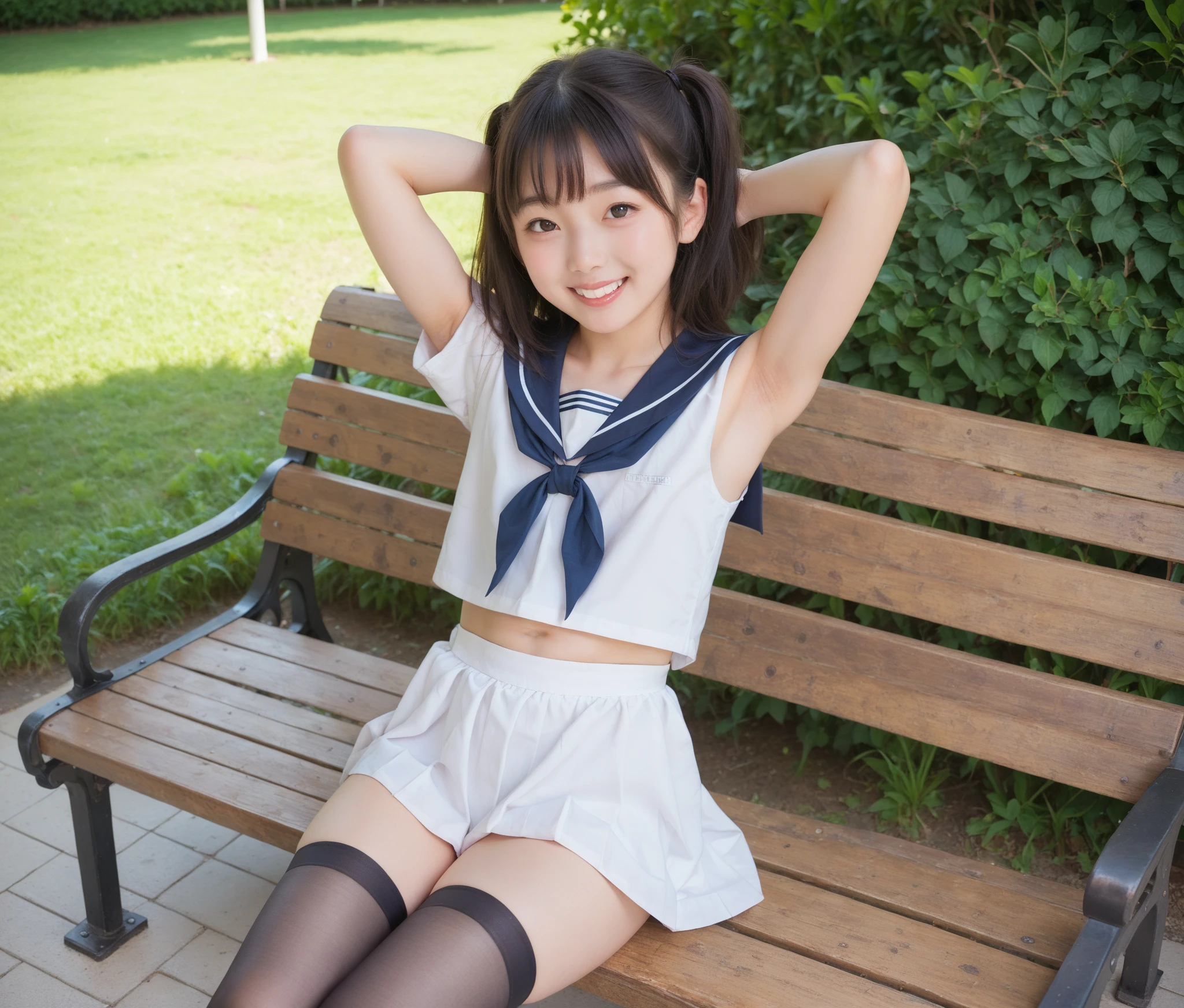  Short Sleeve Sailor Suit ,young cute girl,masterpiece,4K,8k,16k,Thin arms, white skin, Thin Thighs, thin body,delicate,Young,  black stockings,  sit on a park bench , can see your armpits,smile, shot from above