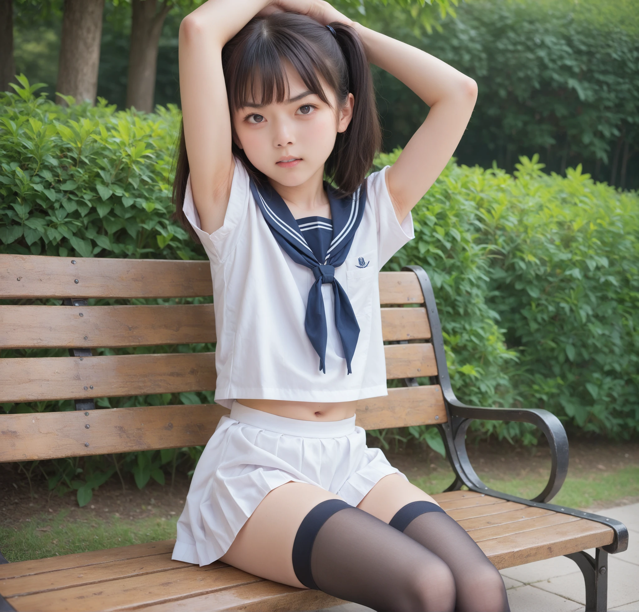  Short Sleeve Sailor Suit ,young cute girl,masterpiece,4K,8k,16k,Thin arms, white skin, Thin Thighs, thin body,delicate,Young,  black stockings,  sit on a park bench , can see your armpits, angry face, taken from the side