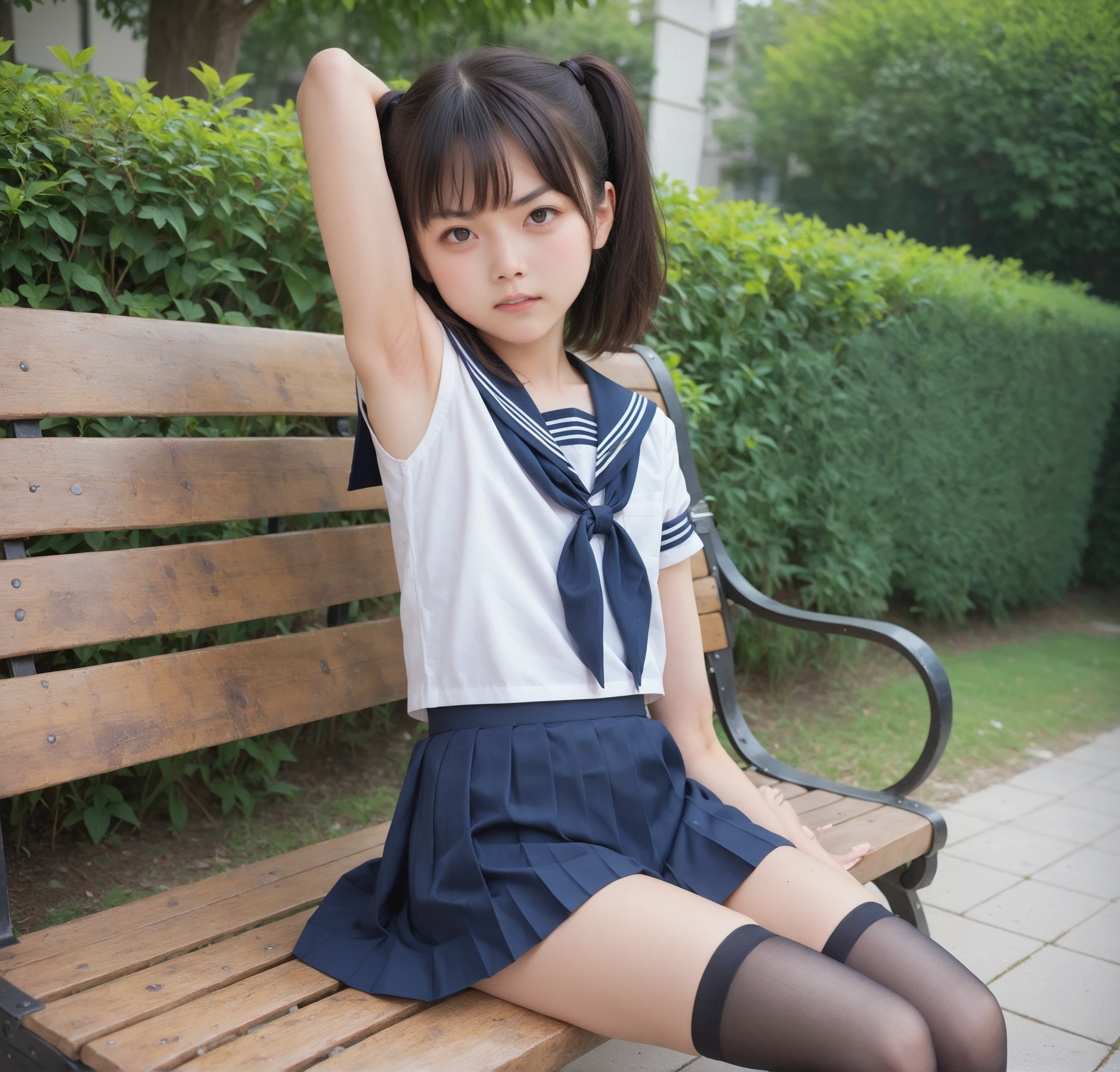  Short Sleeve Sailor Suit ,young cute girl,masterpiece,4K,8k,16k,Thin arms, white skin, Thin Thighs, thin body,delicate,Young,  black stockings,  sit on a park bench , can see your armpits, angry face, taken from the side